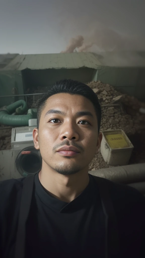 a 35 years old indonesian man in super mario costume outfit with long rock band hair standing in waste disposal site, night, serious face, nighttime, in pokemon movie style, hyper - realistic photography, dramatic effect, smoke effect in background, dark color grading, full body, 8k, close - up shot, extreme close - up photo
