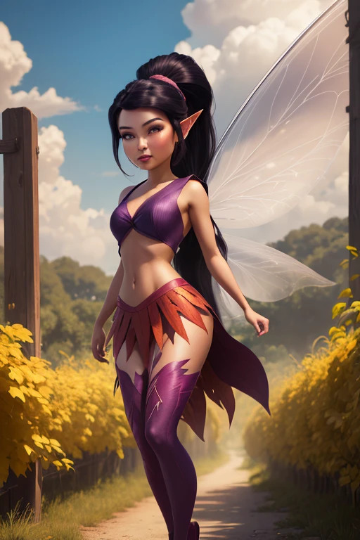 masterpiece, 8k, perfect ligthing, , adult, female, looking at viewer, cinematic lighting, full body shot,  Vidia, (VidiaWaifu:1.1), single ponytail, extra long ponytail, dress, (extra long white fairy wings), long wings, purple clothes, clothes made from leaves, midriff, navel, bare midriff, crop top, dark hair, pointy ears, shrunken, (flying in sky), in the sky, clouds, blush, pixiedust , (RSEEmma:1.2) , 