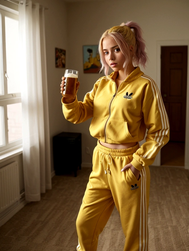 A girl with wheat-colored hair below her shoulders. In a 90s-style adidas tracksuit, he stands in the room, a carpet hangs on the wall.
Garland "happy birthday". The girl has a hamburger in one hand with a festive candle stuck in it, and a glass of beer in the other hand