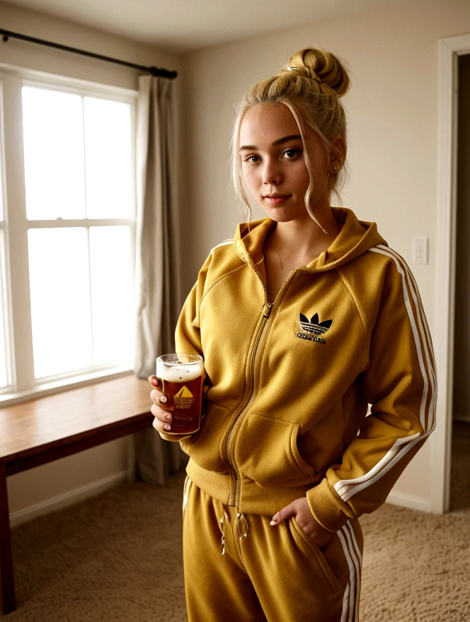 A girl with wheat-colored hair below her shoulders. In a 90s-style adidas tracksuit, he stands in the room, a carpet hangs on the wall.
Garland "happy birthday". The girl has a hamburger in one hand with a festive candle stuck in it, and a glass of beer in the other hand