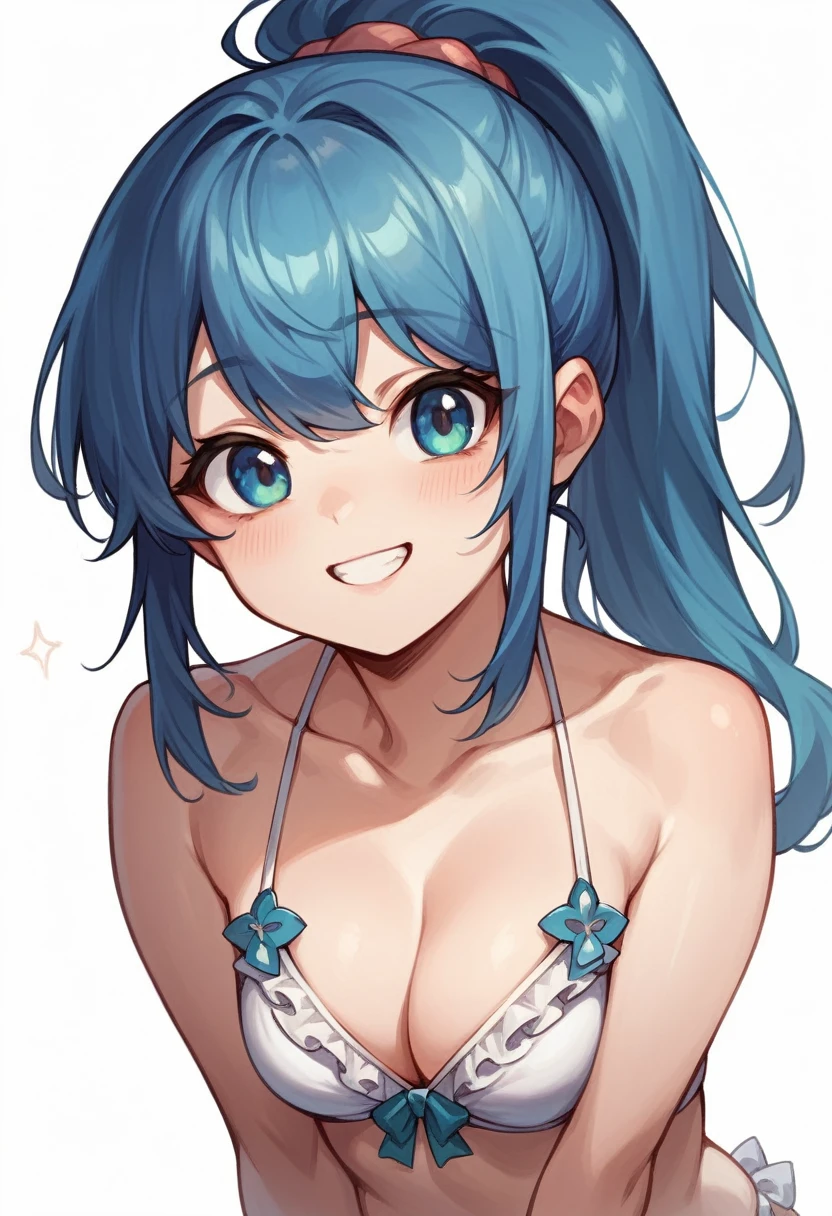 cute girl in ponytail wearing cute frilly bikini smiling and winking at you smugly, white background