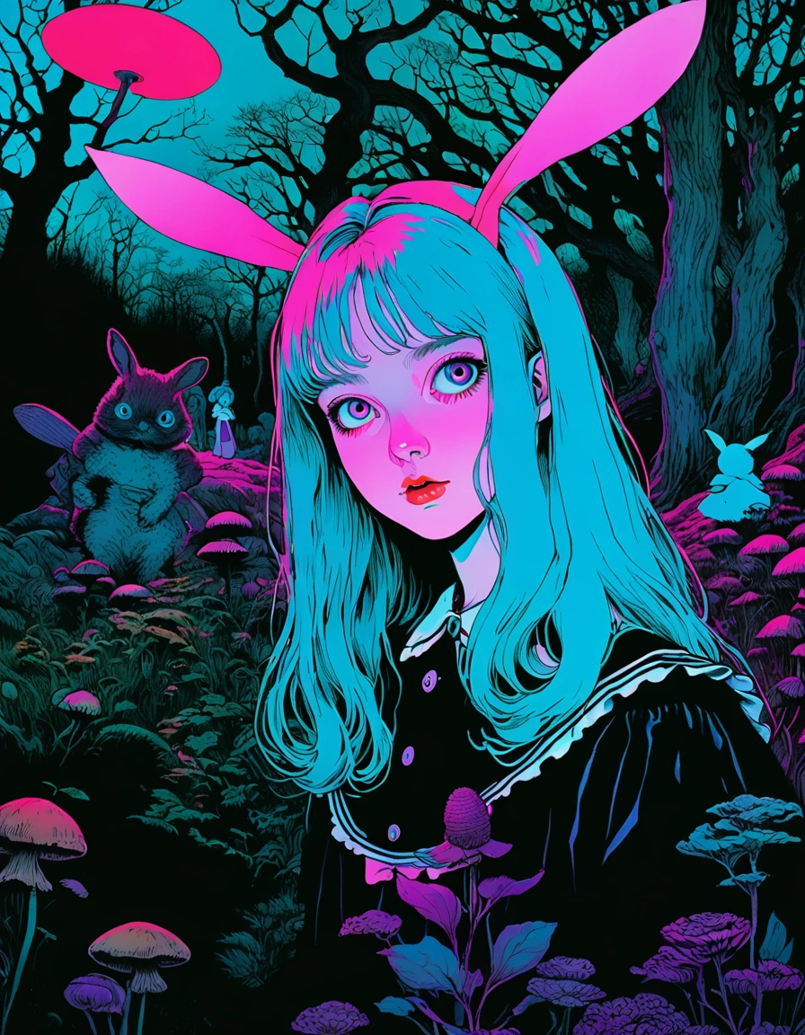 illust、art、from 80s horror movie, directed by Junji Ito、Alice in Wonderland、high detail, realsitic shadow、Analog style, vhs style, 8mm film, chromatic aberration, Dvd screengrab、Surrealism