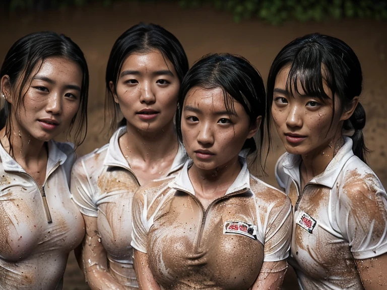 (A plain white short sleeved, very  half zip, soiled gym uniform:1.7)、(A large, dirt-stained, white, square collar: 1.6)、(Red clay ground:1.5)、My hair is wet and messy、(Beautiful Japanese woman covered in dirt:2.0)、Highest quality, masterpiece, Ultra-high resolution, Photorealistic, Raw Photos,Detailed face,(Muscular woman:1.4), (Fastener open: 1.8), (Upper body zoom up:1.0),(Everyone wears the same clothes:1.0), (buruma: 1.8), All members are super beauties, (Three beautiful Japanese women standing there: 1.7), (Hair tied up: 1.4), (Exhausted expression:1.5), Bright photo, (My whole body is soaked with sweat: 1.4), (Covered in mud: 1.4)
