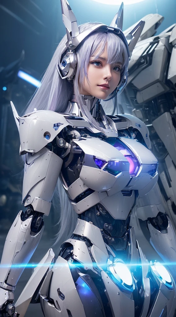 ((Intense action pose:1.6))、((Shining lenses on both breasts:1.3))、((Blue pillars of light are emanating from both chests.:1.3))、smile、((8K)), ((32k)), ((Highest quality)), ((masterpiece)), ((超A high resolution)), ((Tmasterpiece)), ((Halation:1.4))、((Mechaニカルheadgear:1.2))、((Cyber headphones:1.3))、Fine skin, High quality fabric, Fine metal texture、((Beautiful and dense face))、RAW Photos、Professional, Ultra-fine painting, ((alone)), Beautiful breasts、Highest quality, Very detailed, Very detailed詳細, Finer details, so beautiful, ((Princess Knight Robot:1.2)),  (Joints of machines, Mechanical Limbs:1.3), (The internal structure of the machine is exposed:1.3), (Long silver hair:1.1), (Beautiful and huge mechanical breasts)、White Veil, cowboy_shot, Side Focus, headgear, Shiny、(Five Fingers, Four fingers and thumb),Concept Art, Anime fantasy artwork, Detailed fantasy art, (with pale blue-violet hair and large white wings,,,,,,,), (((Long silver hair))), (Mecha:1.6)、Sleek and intimidating design, ((Commander-in-Chief&#39;arm)), (Perfect robot body)、純白と青紫armまたは, Symmetrical wings, 8K high quality, detailed art, 3D rendering of character art in 8K, neat legs, Defined, Defined fingers,