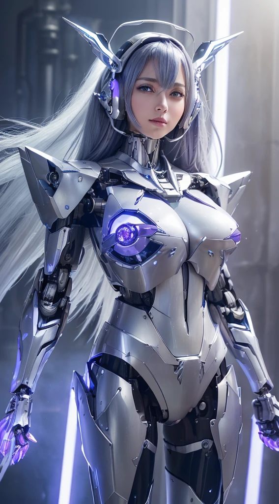 ((Intense action pose:1.6))、((Shining lenses on both :1.3))、((Blue pillars of light are emanating from both chests.:1.3))、smile、((8K)), ((32k)), ((Highest quality)), ((masterpiece)), ((超A high resolution)), ((Tmasterpiece)), ((Halation:1.4))、((Mechaニカルheadgear:1.2))、((Cyber headphones:1.3))、Fine skin, High quality fabric, Fine metal texture、((Beautiful and dense face))、RAW Photos、Professional, Ultra-fine painting, ((alone)), Beautiful 、Highest quality, Very detailed, Very detailed詳細, Finer details, so beautiful, ((Princess Knight Robot:1.2)),  (Joints of machines, Mechanical Limbs:1.3), (The internal structure of the machine is :1.3), (Long silver hair:1.1), (Beautiful and huge mechanical )、White Veil, cowboy_shot, Side Focus, headgear, Shiny、(Five Fingers, Four fingers and thumb),Concept Art, Anime fantasy artwork, Detailed fantasy art, (with pale blue-violet hair and large white wings,,,,,,,), (((Long silver hair))), (Mecha:1.6)、Sleek and intimidating design, ((Commander-in-Chief'arm)), (Perfect robot body)、純白と青紫armまたは, Symmetrical wings, 8K high quality, detailed art, 3D rendering of character art in 8K, neat legs, Defined, Defined fingers,