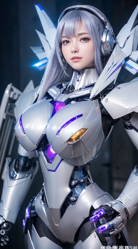 ((Intense action pose:1.6))、((Shining lenses on both breasts:1.3))、((Blue pillars of light are emanating from both chests.:1.3))、smile、((8K)), ((32k)), ((Highest quality)), ((masterpiece)), ((超A high resolution)), ((Tmasterpiece)), ((Halation:1.4))、((Mechaニカルheadgear:1.2))、((Cyber headphones:1.3))、Fine skin, High quality fabric, Fine metal texture、((Beautiful and dense face))、RAW Photos、Professional, Ultra-fine painting, ((alone)), Beautiful breasts、Highest quality, Very detailed, Very detailed詳細, Finer details, so beautiful, ((Princess Knight Robot:1.2)),  (Joints of machines, Mechanical Limbs:1.3), (The internal structure of the machine is exposed:1.3), (Long silver hair:1.1), (Beautiful and huge mechanical breasts)、White Veil, cowboy_shot, Side Focus, headgear, Shiny、(Five Fingers, Four fingers and thumb),Concept Art, Anime fantasy artwork, Detailed fantasy art, (with pale blue-violet hair and large white wings,,,,,,,), (((Long silver hair))), (Mecha:1.6)、Sleek and intimidating design, ((Commander-in-Chief&#39;arm)), (Perfect robot body)、純白と青紫armまたは, Symmetrical wings, 8K high quality, detailed art, 3D rendering of character art in 8K, neat legs, Defined, Defined fingers,