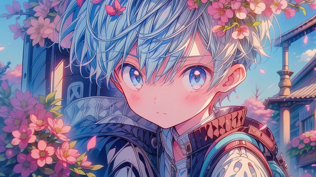 1boy,Highest quality、Masterpiece、Official Art、The best dynamic composition、Light blue hair color、Boys are high school students、Entrance Ceremony、、sneakers、Cherry blossom petals、Baby Face、Cowboy Shot、Blue and white checked backpack、gakuran,
