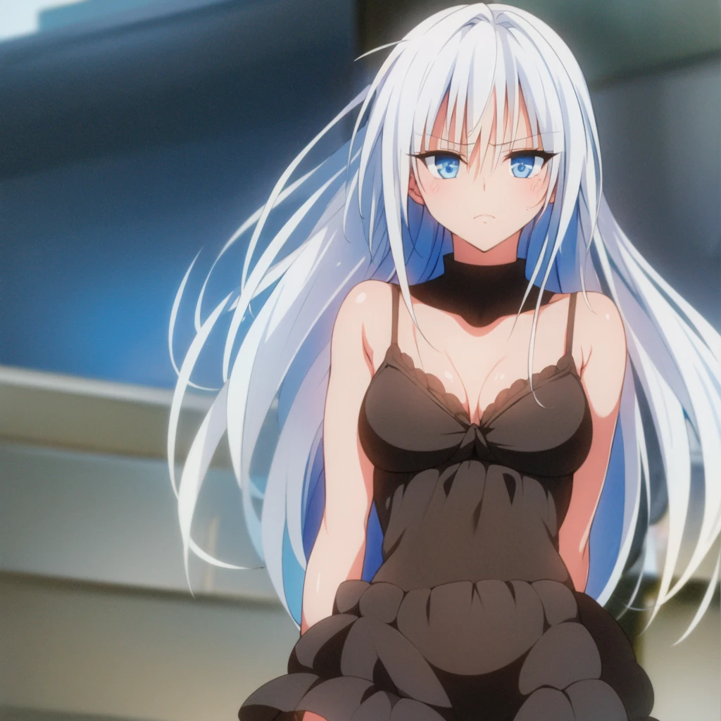 1 woman, full body, looking with some annoyance at the viewer, This girl with intense blue eyes, And long white hair, She wears a dark blue , and also his  is the same dark blue color.