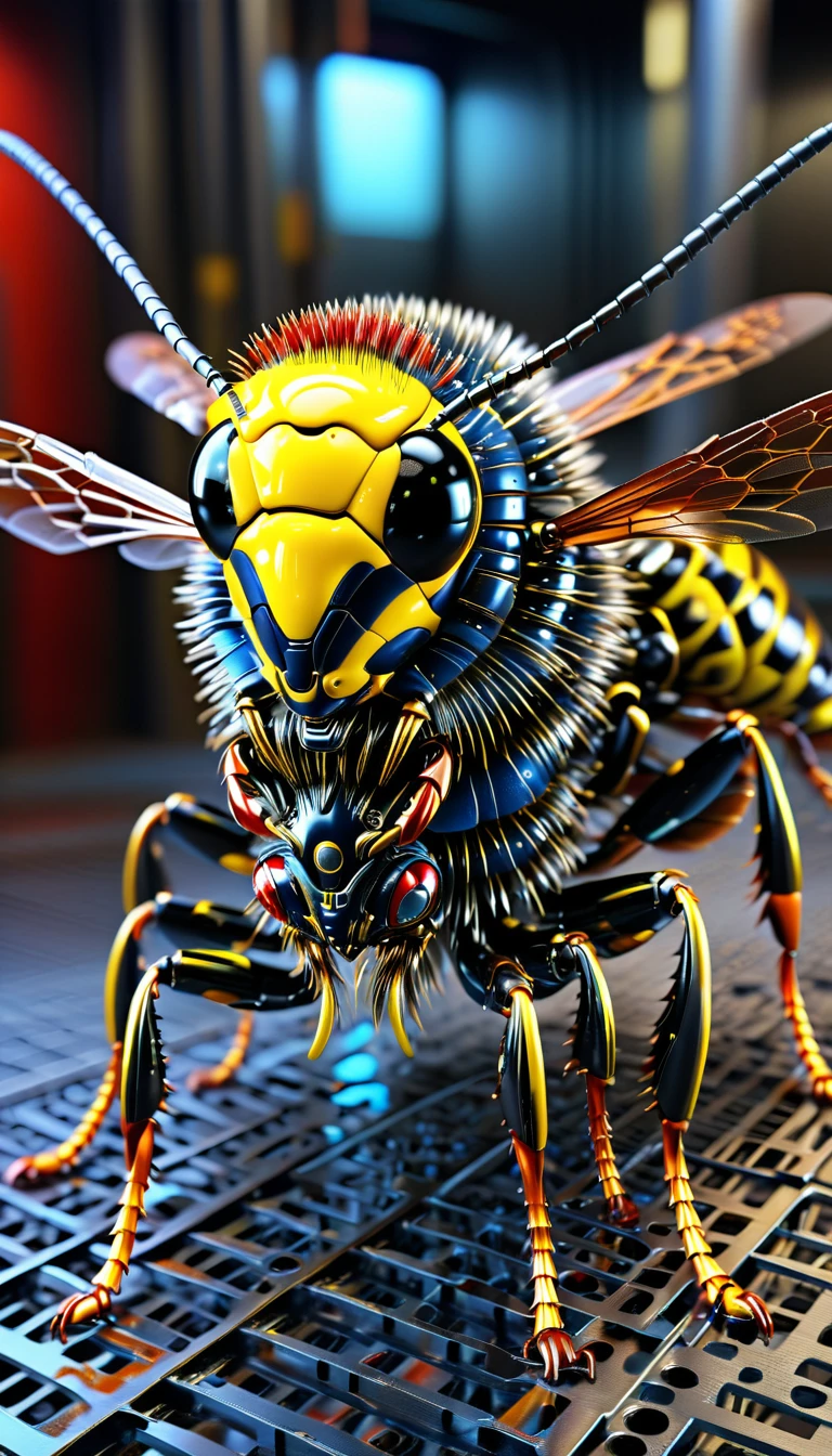 There is no one, Reality Photos, Reality Photos, Realistic photo of a wasp-like creature, spikes, multi-colored shiny fur, strange and, Surreal and, the other world, A robotic factory with a shiny assembly plant, intricate details, very sharp, Sophisticated details, Flawless composition, vivid colors, masterpiece, futuristic, metal decoration, The shiny red interior is empty., polished, ray tracing