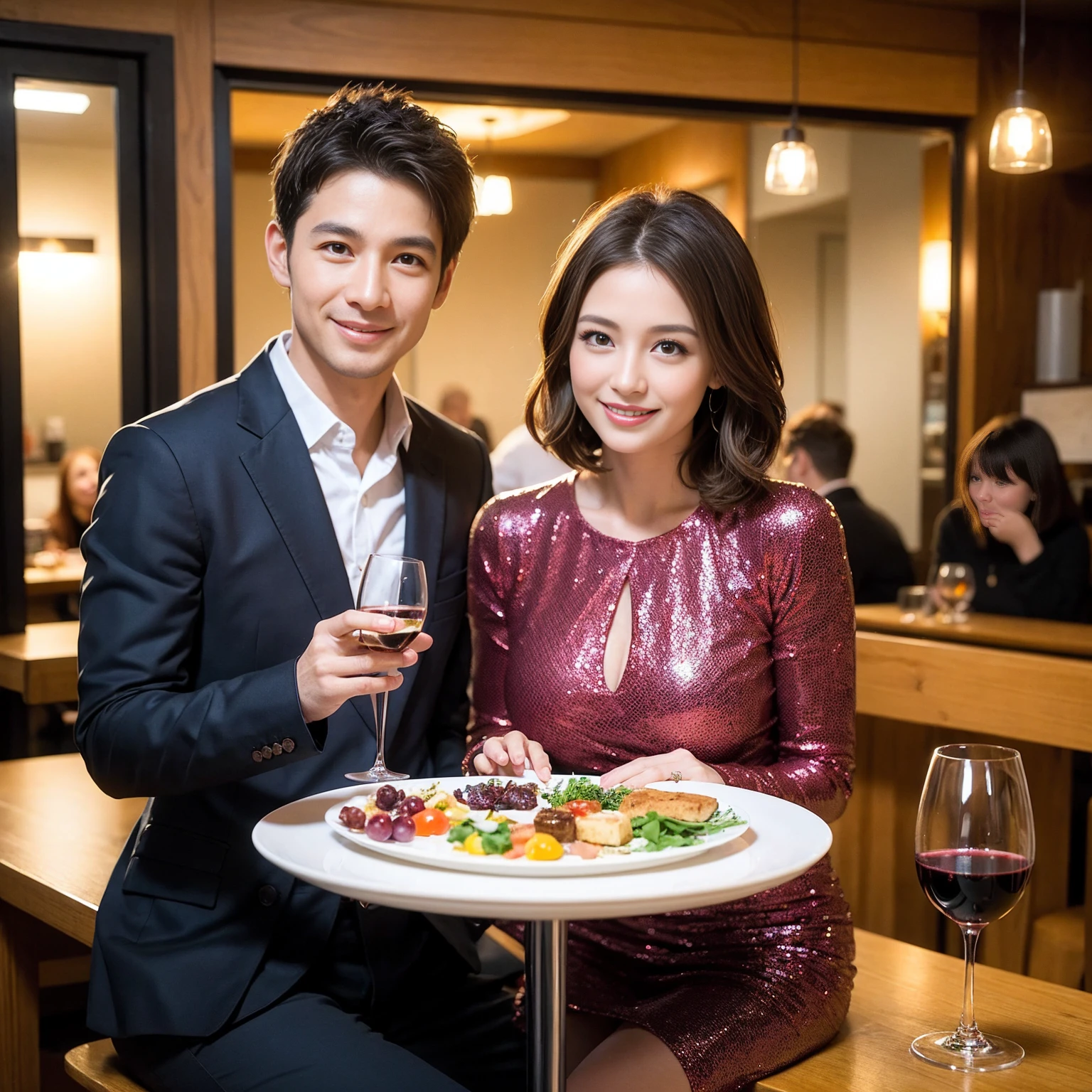 ((Highest quality、8K、masterpiece:1.3))、 (Ultra-realistic、 Genuine、Bright image、Intricate details:1.2), 最高のsmile、1 male 1 female、Beautiful couple、love love love、Roman Lovers、Good friends、actress couple、smile、Full-course dinner at a packed table、 (Slim face), (the body is slim), (Brown Hair), (short hair), テーブルのwine glass、Please shine a light on my face、 Amazing view of the sunset sky and clouds、35 years old 39 years old, red wine 、Appetizers、Wine bottle、sparkling wine、Long sleeve shirt、dress、White wine, red wine, wine glass,