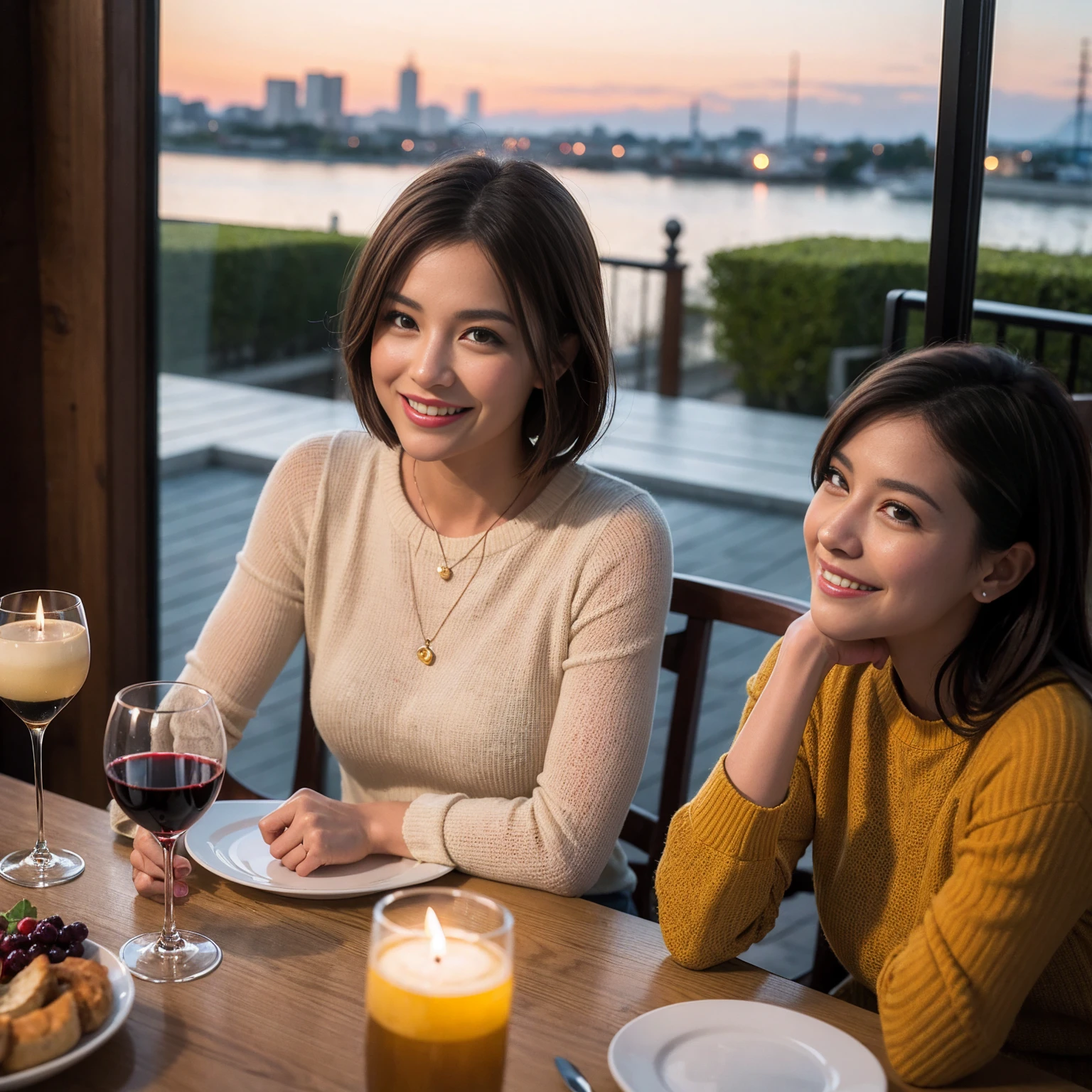 ((Highest quality、8K、masterpiece:1.3))、 (Ultra-realistic、 Genuine、Bright image、Intricate details:1.2), 最高のsmile、1 male 1 female、Beautiful couple、love love love、Roman Lovers、Good friends、actress couple、smile、Full-course dinner at a packed table、 (Slim face), (the body is slim), (Brown Hair), (short hair), テーブルのwine glass、Please shine a light on my face、 Amazing view of the sunset sky and clouds、35 years old 39 years old, red wine 、Appetizers、Wine bottle、sparkling wine、Long sleeve shirt、dress、White wine, red wine, wine glass, 