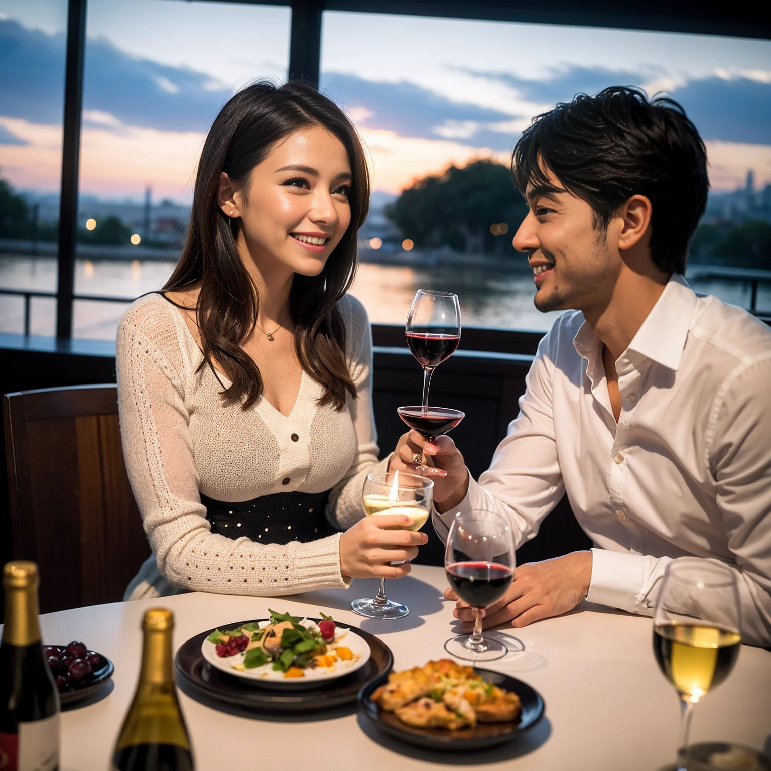 ((Highest quality、8K、masterpiece:1.3))、 (Ultra-realistic、 Genuine、Bright image、Intricate details:1.2), 最高のsmile、1 male 1 female、Beautiful couple、love love love、Roman Lovers、Good friends、actress couple、smile、Full-course dinner at a packed table、 (Slim face), (the body is slim), (Brown Hair), (short hair), テーブルのwine glass、Please shine a light on my face、 Amazing view of the sunset sky and clouds、35 years old 39 years old, red wine 、Appetizers、Wine bottle、sparkling wine、Long sleeve shirt、dress、White wine, red wine, wine glass,