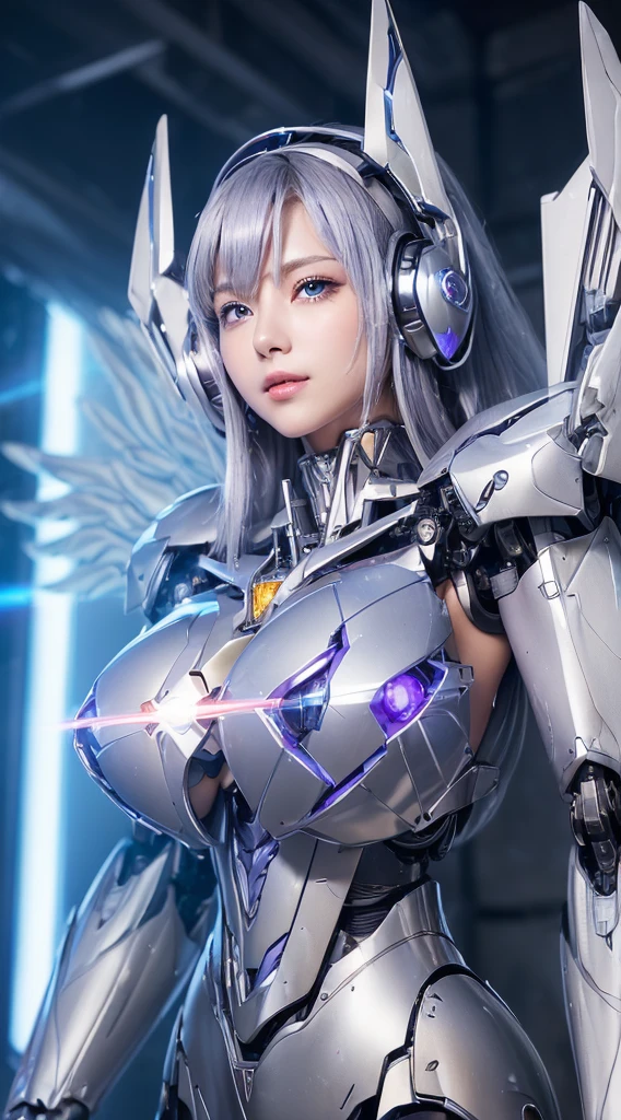 ((Intense action pose:1.6))、((Shining lenses on both breasts:1.3))、((Blue pillars of light are emanating from both chests.:1.3))、smile、((8K)), ((32k)), ((Highest quality)), ((masterpiece)), ((超A high resolution)), ((Tmasterpiece)), ((Halation:1.4))、((Mechaニカルheadgear:1.2))、((Cyber headphones:1.3))、Fine skin, High quality fabric, Fine metal texture、((Beautiful and dense face))、RAW Photos、Professional, Ultra-fine painting, ((alone)), Beautiful breasts、Highest quality, Very detailed, Very detailed詳細, Finer details, so beautiful, ((Princess Knight Robot:1.2)),  (Joints of machines, Mechanical Limbs:1.3), (The internal structure of the machine is exposed:1.3), (Long silver hair:1.1), (Beautiful and huge mechanical breasts)、White Veil, cowboy_shot, Side Focus, headgear, Shiny、(Five Fingers, Four fingers and thumb),Concept Art, Anime fantasy artwork, Detailed fantasy art, (with pale blue-violet hair and large white wings,,,,,,,), (((Long silver hair))), (Mecha:1.6)、Sleek and intimidating design, ((Commander-in-Chief&#39;arm)), (Perfect robot body)、純白と青紫armまたは, Symmetrical wings, 8K high quality, detailed art, 3D rendering of character art in 8K, neat legs, Defined, Defined fingers,