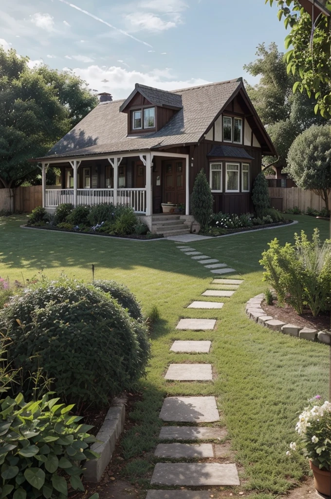 Color the black-and-white drawing of a small house in a village with the following details:

Large tree on the left side of the house:

Tree trunk: dark brown
Tree leaves: dark green
House:

Roof: dark red
House walls: light cream
Door: light brown
Windows: white frames with purple curtains
Wooden fence in front and side of the house:

Fence: light brown
Plants and pot in front of the house:

Flower pot: gray
Plant: green
Ground and pathway in front of the house:

Ground: brown
Pathway: gray
Background:

Grass: light green
Sky: light blue
Use a bright and lively color palette to give the drawing a pleasant and natural feel."