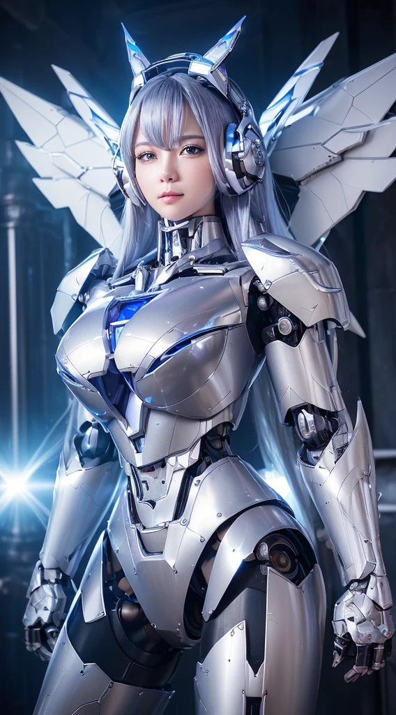 ((Intense action pose:1.6))、((Shining lenses on both breasts:1.3))、((Blue pillars of light are emanating from both chests.:1.3))、smile、((8K)), ((32k)), ((Highest quality)), ((masterpiece)), ((超A high resolution)), ((Tmasterpiece)), ((Halation:1.4))、((Mechaニカルheadgear:1.2))、((Cyber headphones:1.3))、Fine skin, High quality fabric, Fine metal texture、((Beautiful and dense face))、RAW Photos、Professional, Ultra-fine painting, ((alone)), Beautiful breasts、Highest quality, Very detailed, Very detailed詳細, Finer details, so beautiful, ((Princess Knight Robot:1.2)), (Joints of machines, Mechanical Limbs:1.3), (The internal structure of the machine is exposed:1.3), (Long silver hair:1.1), (Beautiful and huge mechanical breasts)、White Veil, cowboy_shot, Side Focus, headgear, Shiny、(Five Fingers, Four fingers and thumb),Concept Art, Anime fantasy artwork, Detailed fantasy art, (with pale blue-violet hair and large white wings,,,,,,,), (((Long silver hair))), (Mecha:1.6)、Sleek and intimidating design, ((Commander-in-Chief'arm)), (Perfect robot body)、純白と青紫armまたは, Symmetrical wings, 8K high quality, detailed art, 3D rendering of character art in 8K, neat legs, Defined, Defined fingers,