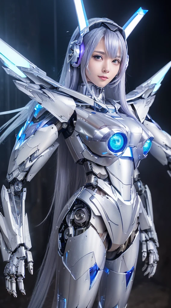 ((Intense action pose:1.6))、((Shining lenses on both breasts:1.3))、((Blue pillars of light are emanating from both chests.:1.3))、smile、((8K)), ((32k)), ((Highest quality)), ((masterpiece)), ((超A high resolution)), ((Tmasterpiece)), ((Halation:1.4))、((Mechaニカルheadgear:1.2))、((Cyber headphones:1.3))、Fine skin, High quality fabric, Fine metal texture、((Beautiful and dense face))、RAW Photos、Professional, Ultra-fine painting, ((alone)), Beautiful breasts、Highest quality, Very detailed, Very detailed詳細, Finer details, so beautiful, ((Princess Knight Robot:1.2)),  (Joints of machines, Mechanical Limbs:1.3), (The internal structure of the machine is exposed:1.3), (Long silver hair:1.1), (Beautiful and huge mechanical breasts)、White Veil, cowboy_shot, Side Focus, headgear, Shiny、(Five Fingers, Four fingers and thumb),Concept Art, Anime fantasy artwork, Detailed fantasy art, (with pale blue-violet hair and large white wings,,,,,,,), (((Long silver hair))), (Mecha:1.6)、Sleek and intimidating design, ((Commander-in-Chief&#39;arm)), (Perfect robot body)、純白と青紫armまたは, Symmetrical wings, 8K high quality, detailed art, 3D rendering of character art in 8K, neat legs, Defined, Defined fingers,