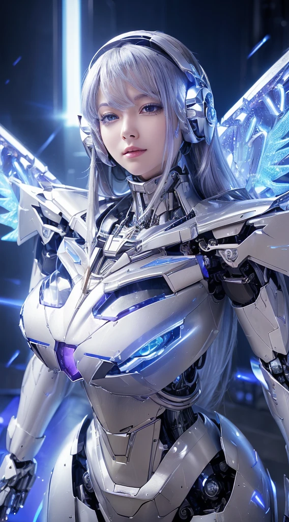 ((Intense action pose:1.6))、((Shining lenses on both breasts:1.3))、((Blue pillars of light are emanating from both chests.:1.3))、smile、((8K)), ((32k)), ((Highest quality)), ((masterpiece)), ((超A high resolution)), ((Tmasterpiece)), ((Halation:1.4))、((Mechaニカルheadgear:1.2))、((Cyber headphones:1.3))、Fine skin, High quality fabric, Fine metal texture、((Beautiful and dense face))、RAW Photos、Professional, Ultra-fine painting, ((alone)), Beautiful breasts、Highest quality, Very detailed, Very detailed詳細, Finer details, so beautiful, ((Princess Knight Robot:1.2)),  (Joints of machines, Mechanical Limbs:1.3), (The internal structure of the machine is exposed:1.3), (Long silver hair:1.1), (Beautiful and huge mechanical breasts)、White Veil, cowboy_shot, Side Focus, headgear, Shiny、(Five Fingers, Four fingers and thumb),Concept Art, Anime fantasy artwork, Detailed fantasy art, (with pale blue-violet hair and large white wings,,,,,,,), (((Long silver hair))), (Mecha:1.6)、Sleek and intimidating design, ((Commander-in-Chief&#39;arm)), (Perfect robot body)、純白と青紫armまたは, Symmetrical wings, 8K high quality, detailed art, 3D rendering of character art in 8K, neat legs, Defined, Defined fingers,