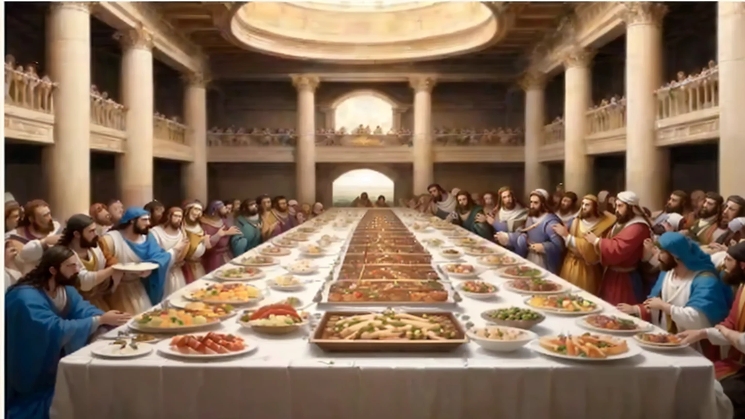 arafed image of a large long table with many people eating, called 'the last supper', !!posing_as_last_supper, last supper, last supper composition, the last supper, last supper realistic robot, the last supper painting, palatial scene, incredible masterpiece, in a high renaissance style, jesus wasted at a , david la chapelle