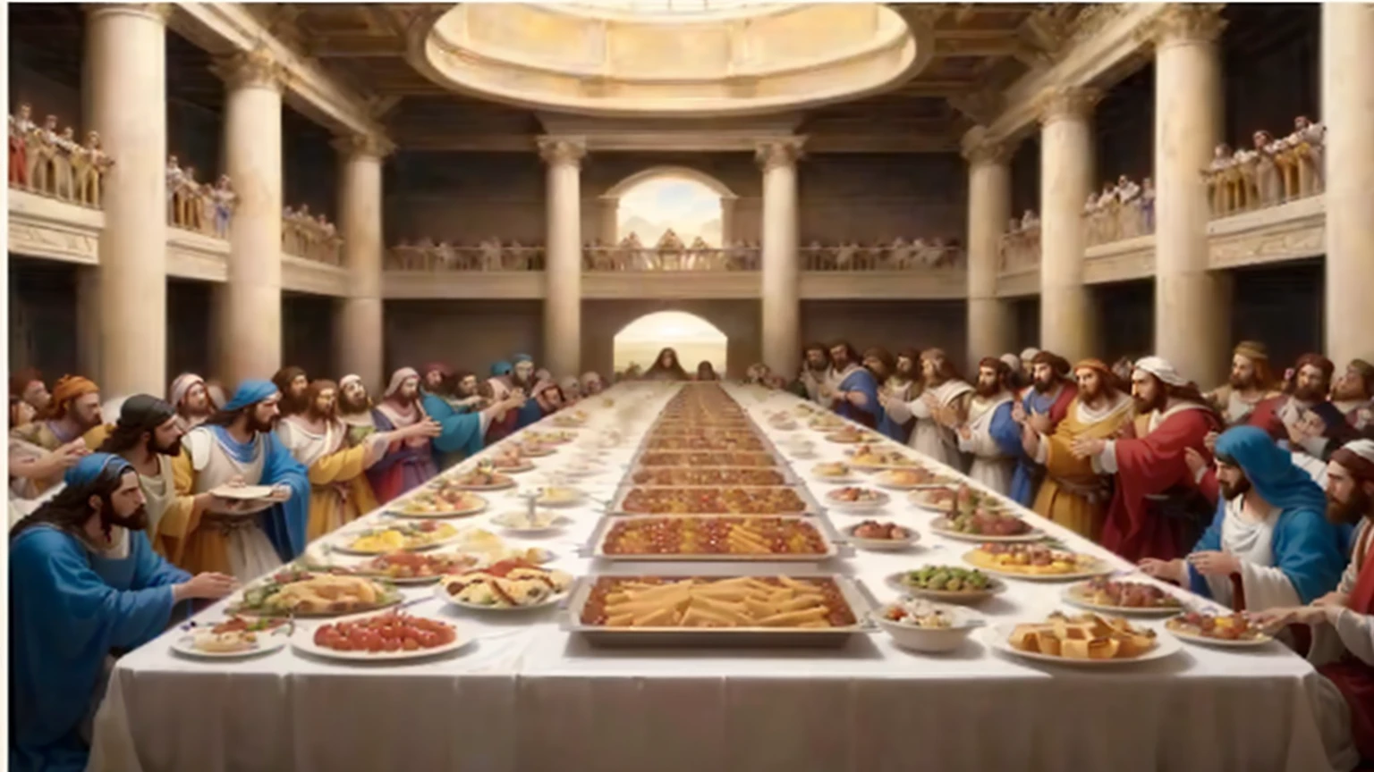arafed image of a large long table with many people eating, called 'the last supper', !!posing_as_last_supper, last supper, last supper composition, the last supper, last supper realistic robot, the last supper painting, palatial scene, incredible masterpiece, in a high renaissance style, jesus wasted at a , david la chapelle