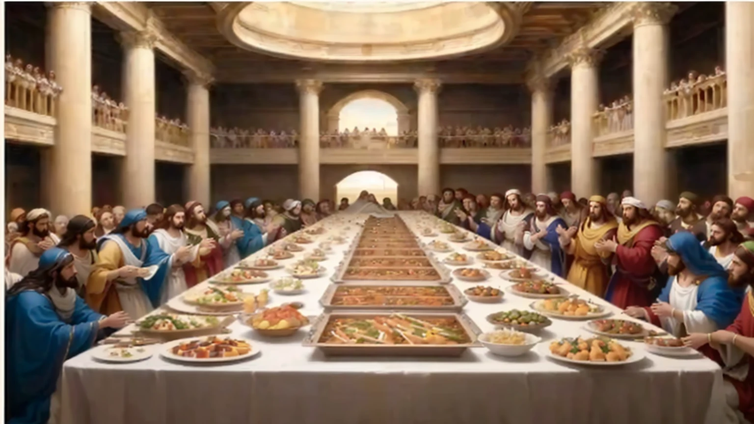 arafed image of a large long table with many people eating, called 'the last supper', !!posing_as_last_supper, last supper, last supper composition, the last supper, last supper realistic robot, the last supper painting, palatial scene, incredible masterpiece, in a high renaissance style, jesus wasted at a , david la chapelle