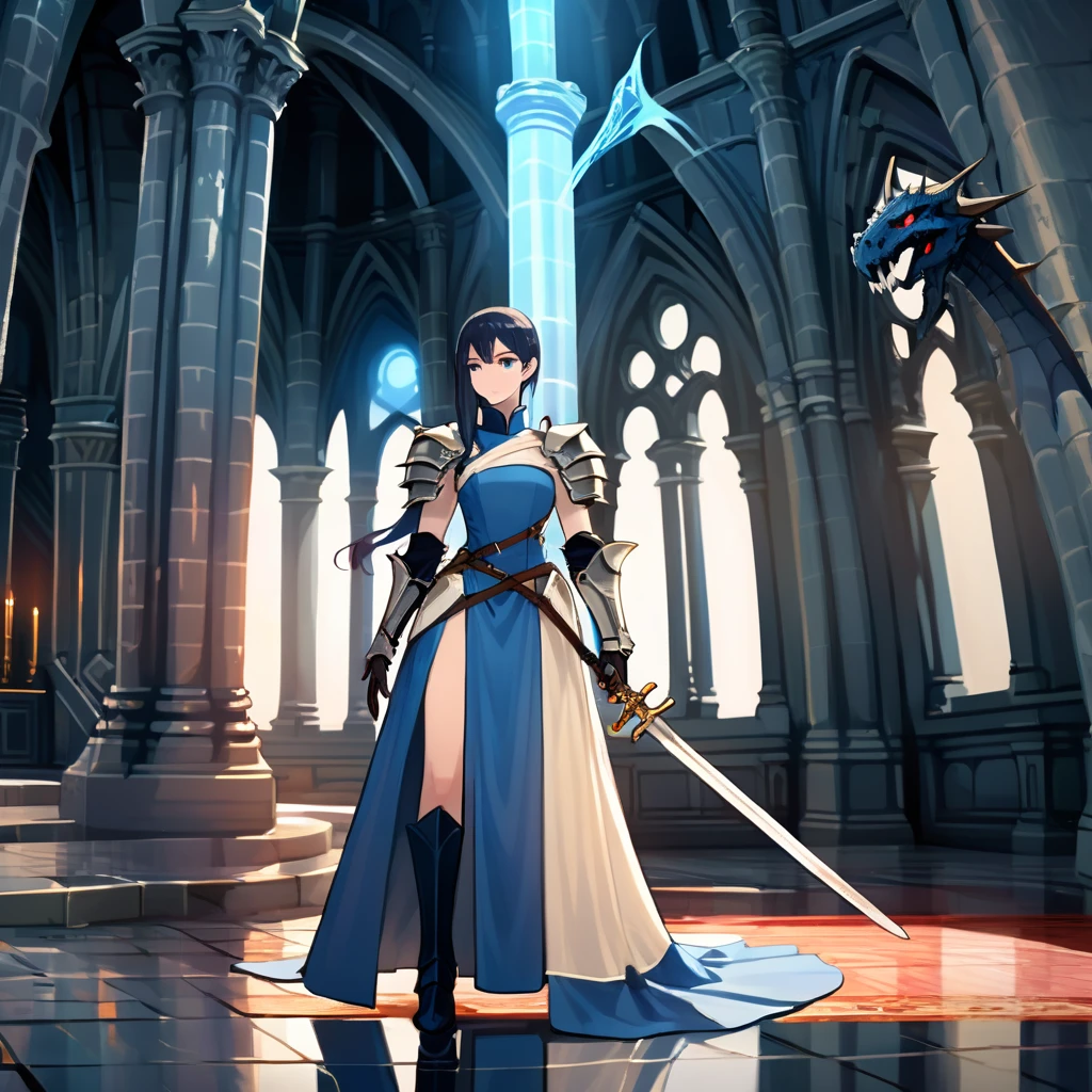 perfect face,An RPG-style necromancer, a female swordsman, stands in the dimly lit halls of an ancient castle, woman with dragon horns and dragon tail (midnight blue color) standing with two long swords, long leather coat with two small metal shoulder pads, cream-colored dress with belts, long boots, walking with swords in hand, on the floor lifeless bodies of soldiers in armor with faces hidden by helmets