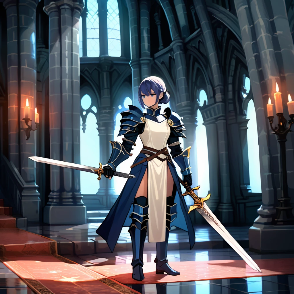 perfect face,An RPG-style necromancer, a female swordsman, stands in the dimly lit halls of an ancient castle, woman with dragon horns and dragon tail (midnight blue color) standing with two long swords, long leather coat with two small metal shoulder pads, cream-colored dress with belts, long boots, walking with swords in hand, on the floor lifeless bodies of soldiers in armor with faces hidden by helmets