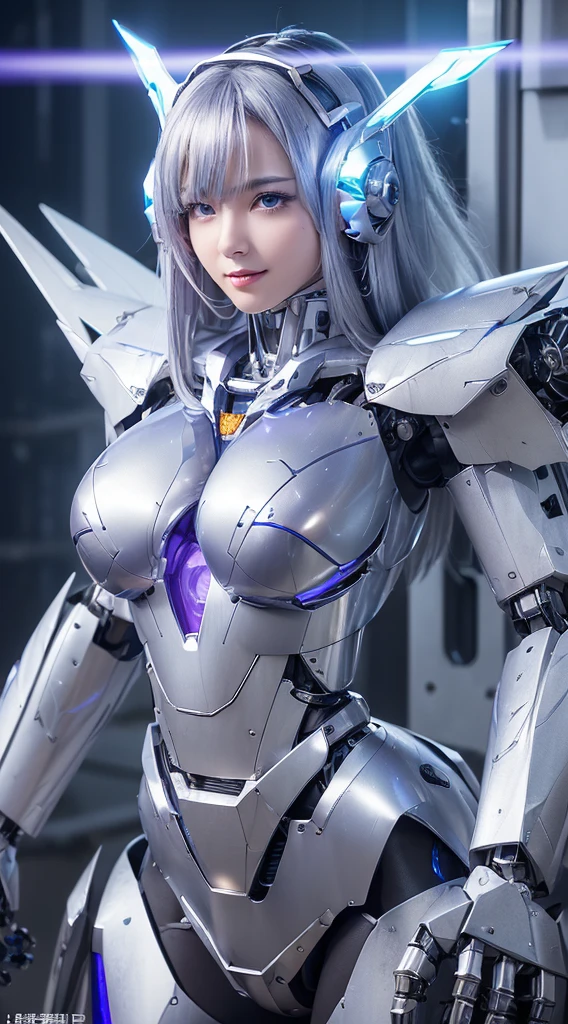 ((Intense action pose:1.6))、((Shining lenses on both breasts:1.3))、((Blue pillars of light are emanating from both chests.:1.3))、smile、((8K)), ((32k)), ((Highest quality)), ((masterpiece)), ((超A high resolution)), ((Tmasterpiece)), ((Halation:1.4))、((Mechaニカルheadgear:1.2))、((Cyber headphones:1.3))、Fine skin, High quality fabric, Fine metal texture、((Beautiful and dense face))、RAW Photos、Professional, Ultra-fine painting, ((alone)), Beautiful breasts、Highest quality, Very detailed, Very detailed詳細, Finer details, so beautiful, ((Princess Knight Robot:1.2)), (Joints of machines, Mechanical Limbs:1.3), (The internal structure of the machine is exposed:1.3), (Long silver hair:1.1), (Beautiful and huge mechanical breasts)、White Veil, cowboy_shot, Side Focus, headgear, Shiny、(Five Fingers, Four fingers and thumb),Concept Art, Anime fantasy artwork, Detailed fantasy art, (with pale blue-violet hair and large white wings,,,,,,,), (((Long silver hair))), (Mecha:1.6)、Sleek and intimidating design, ((Commander-in-Chief'arm)), (Perfect robot body)、純白と青紫armまたは, Symmetrical wings, 8K high quality, detailed art, 3D rendering of character art in 8K, neat legs, Defined, Defined fingers,