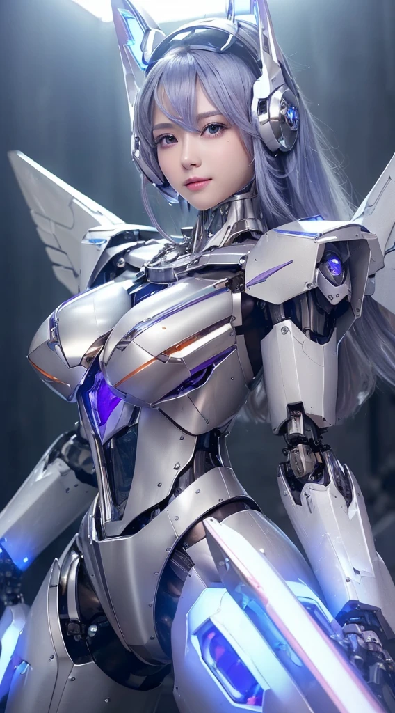 ((Intense action pose:1.6))、((Shining lenses on both :1.3))、((Blue pillars of light are emanating from both chests.:1.3))、smile、((8K)), ((32k)), ((Highest quality)), ((masterpiece)), ((超A high resolution)), ((Tmasterpiece)), ((Halation:1.4))、((Mechaニカルheadgear:1.2))、((Cyber headphones:1.3))、Fine skin, High quality fabric, Fine metal texture、((Beautiful and dense face))、RAW Photos、Professional, Ultra-fine painting, ((alone)), Beautiful 、Highest quality, Very detailed, Very detailed詳細, Finer details, so beautiful, ((Princess Knight Robot:1.2)),  (Joints of machines, Mechanical Limbs:1.3), (The internal structure of the machine is :1.3), (Long silver hair:1.1), (Beautiful and huge mechanical )、White Veil, cowboy_shot, Side Focus, headgear, Shiny、(Five Fingers, Four fingers and thumb),Concept Art, Anime fantasy artwork, Detailed fantasy art, (with pale blue-violet hair and large white wings,,,,,,,), (((Long silver hair))), (Mecha:1.6)、Sleek and intimidating design, ((Commander-in-Chief'arm)), (Perfect robot body)、純白と青紫armまたは, Symmetrical wings, 8K high quality, detailed art, 3D rendering of character art in 8K, neat legs, Defined, Defined fingers,