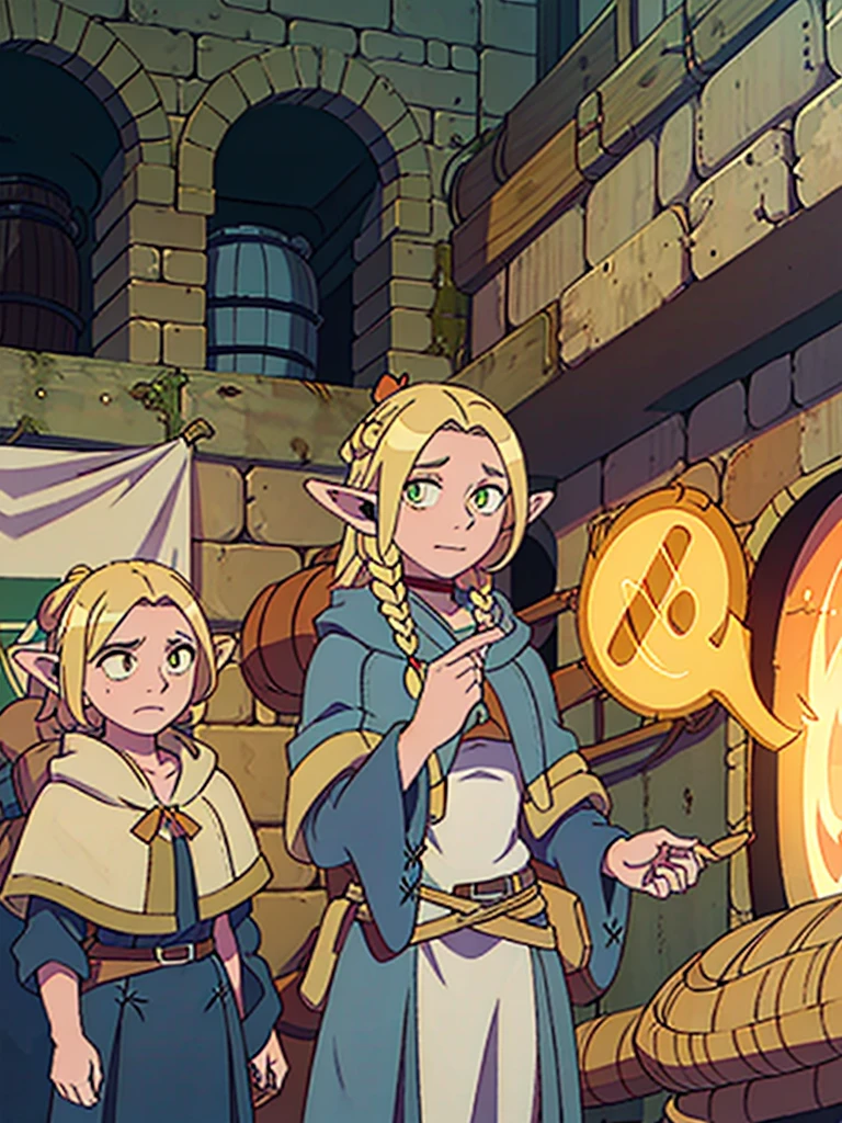 Androgynous elf, blonde, short hair, orange eyes, smirk, sorcerer, aventurer clothes, full body, Dungeon Meshi artstyle