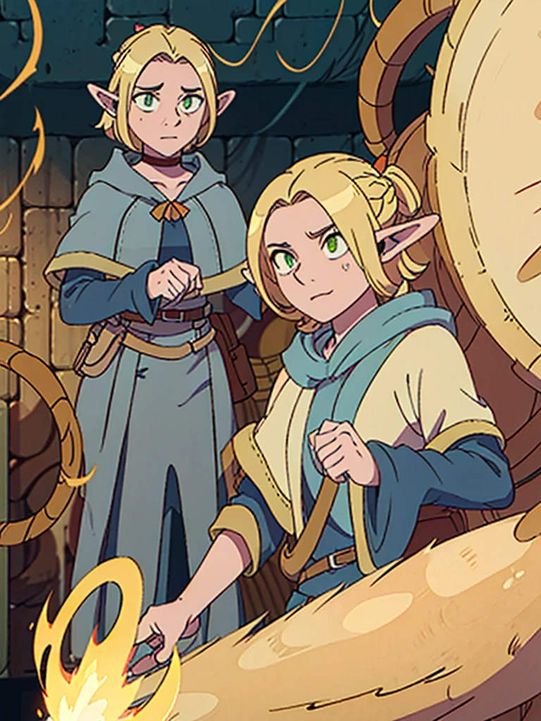 Androgynous elf, blonde, short hair, orange eyes, smirk, sorcerer, aventurer clothes, full body, Dungeon Meshi artstyle