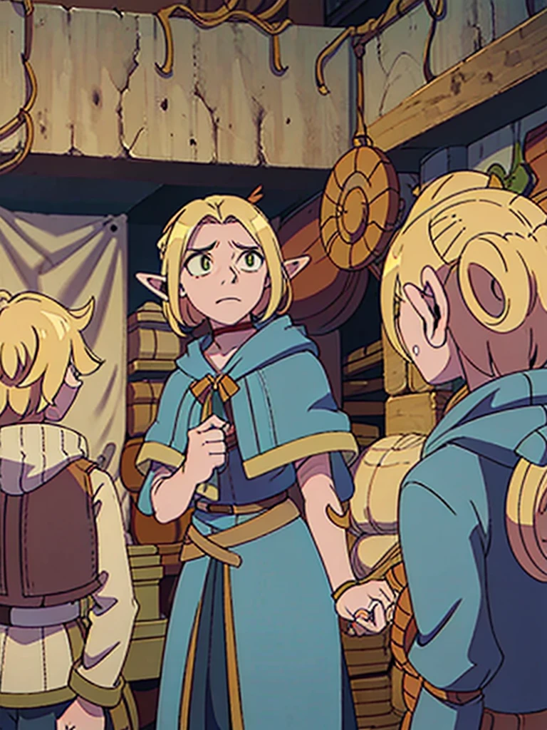 Androgynous elf, blonde, short hair, orange eyes, smirk, sorcerer, aventurer clothes, full body, Dungeon Meshi artstyle