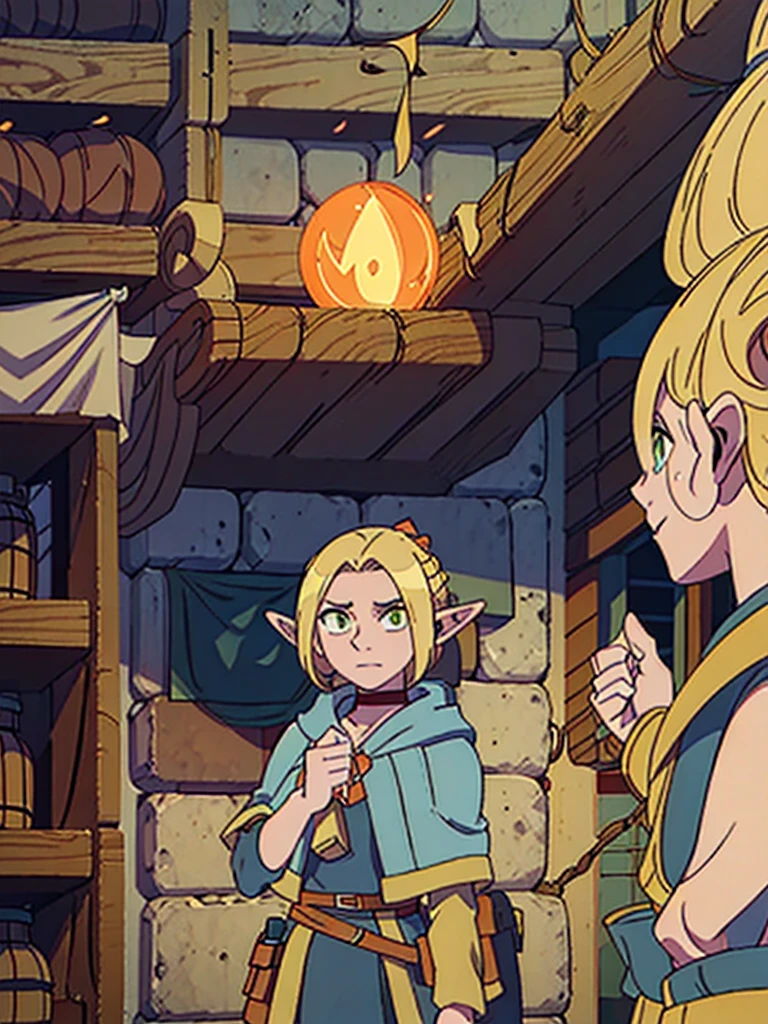 Androgynous elf, blonde, short hair, orange eyes, smirk, sorcerer, aventurer clothes, full body, Dungeon Meshi artstyle