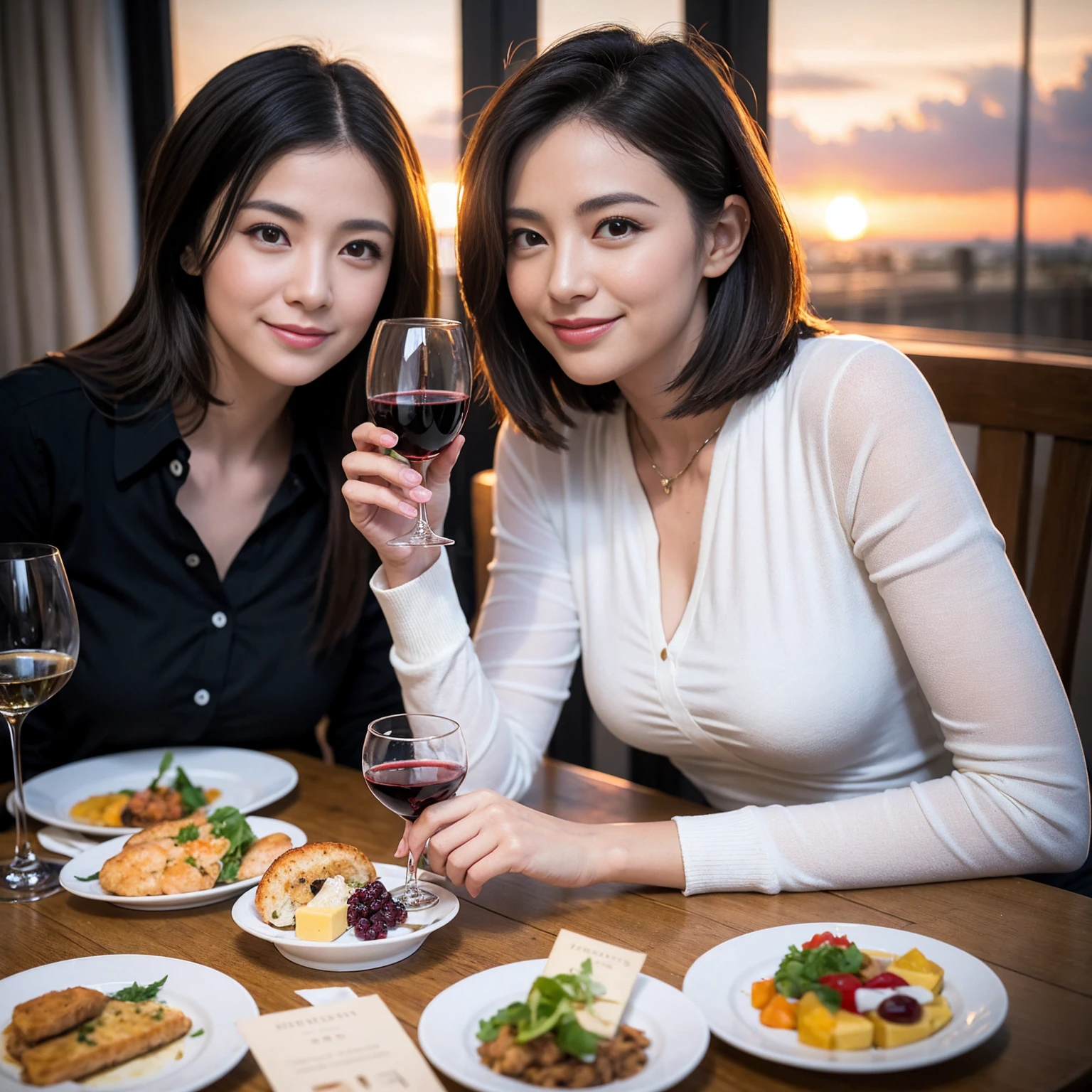 ((Highest quality、8K、masterpiece:1.3))、 (Ultra-realistic、 Genuine、Bright image、Intricate details:1.2), 最高のsmile、1 male、1 female、Beautiful couple、love love love、spouse、spouse、Good friends、actress couple、smile、Full-course dinner at a packed table、 (Slim face), (the body is slim), (Brown Hair), (short hair), テーブルのwine glass、Please shine a light on my face、 Amazing view of the sunset sky and clouds、 39 years old, red wine 、Appetizers、Wine bottle、sparkling wine、Long sleeve shirt、dress、White wine, red wine, wine glass,
