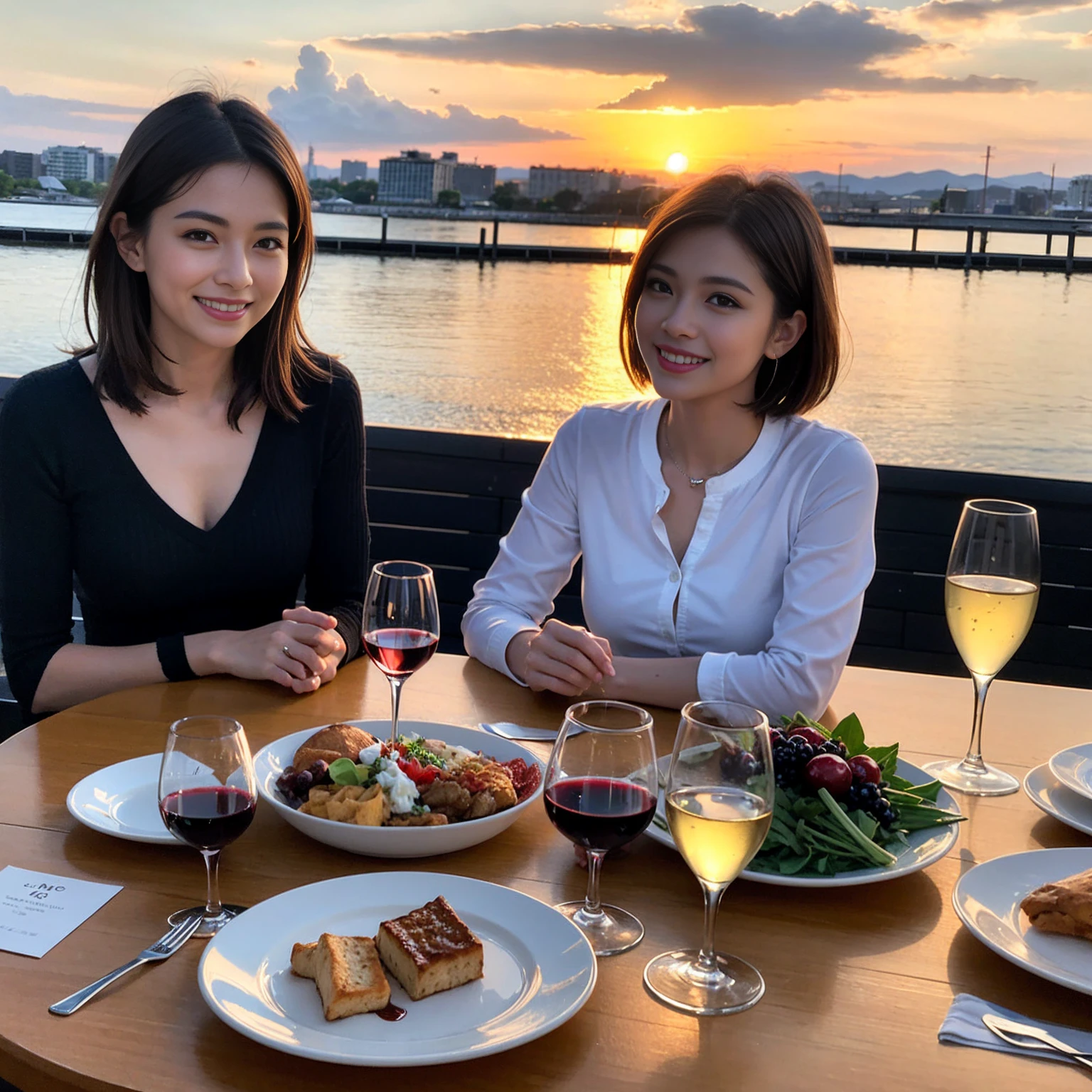 ((Highest quality、8K、masterpiece:1.3))、 (Ultra-realistic、 Genuine、Bright image、Intricate details:1.2), 最高のsmile、1 male、1 female、Beautiful couple、love love love、spouse、spouse、Good friends、actress couple、smile、Full-course dinner at a packed table、 (Slim face), (the body is slim), (Brown Hair), (short hair), テーブルのwine glass、Please shine a light on my face、 Amazing view of the sunset sky and clouds、 39 years old, red wine 、Appetizers、Wine bottle、sparkling wine、Long sleeve shirt、dress、White wine, red wine, wine glass,