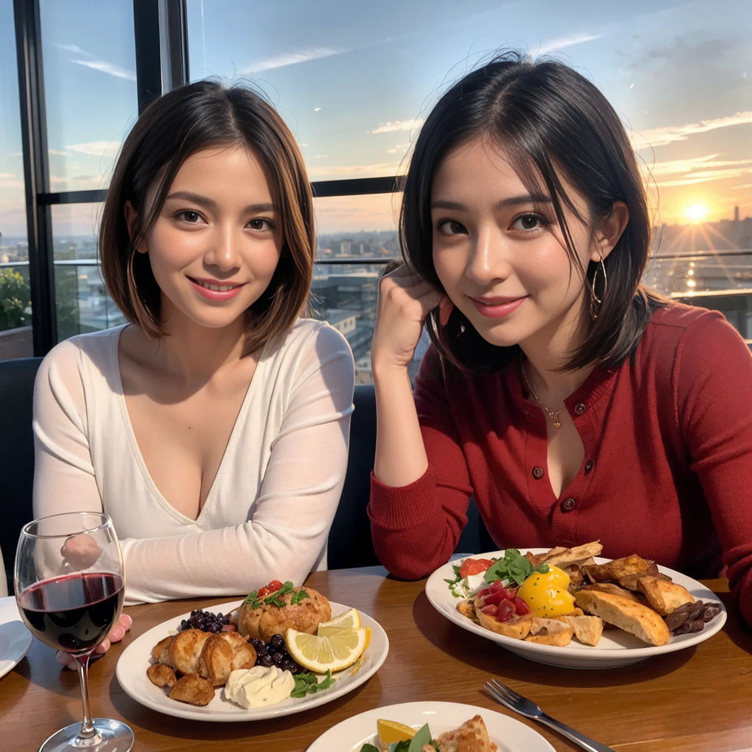 ((Highest quality、8K、masterpiece:1.3))、 (Ultra-realistic、 Genuine、Bright image、Intricate details:1.2), 最高のsmile、1 male、1 female、Beautiful couple、love love love、spouse、spouse、Good friends、actress couple、smile、Full-course dinner at a packed table、 (Slim face), (the body is slim), (Brown Hair), (short hair), テーブルのwine glass、Please shine a light on my face、 Amazing view of the sunset sky and clouds、 39 years old, red wine 、Appetizers、Wine bottle、sparkling wine、Long sleeve shirt、dress、White wine, red wine, wine glass,