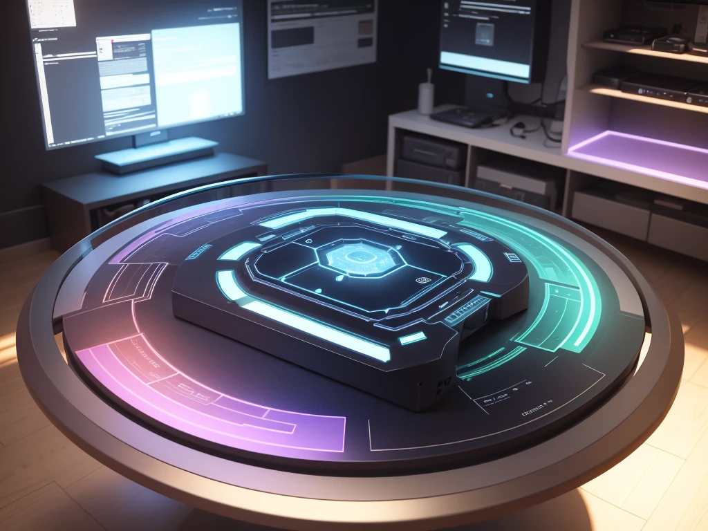 Create a holographic Sci-fi Datapad played on a table.