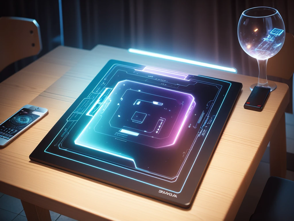 Create a holographic Sci-fi Datapad played on a table. 