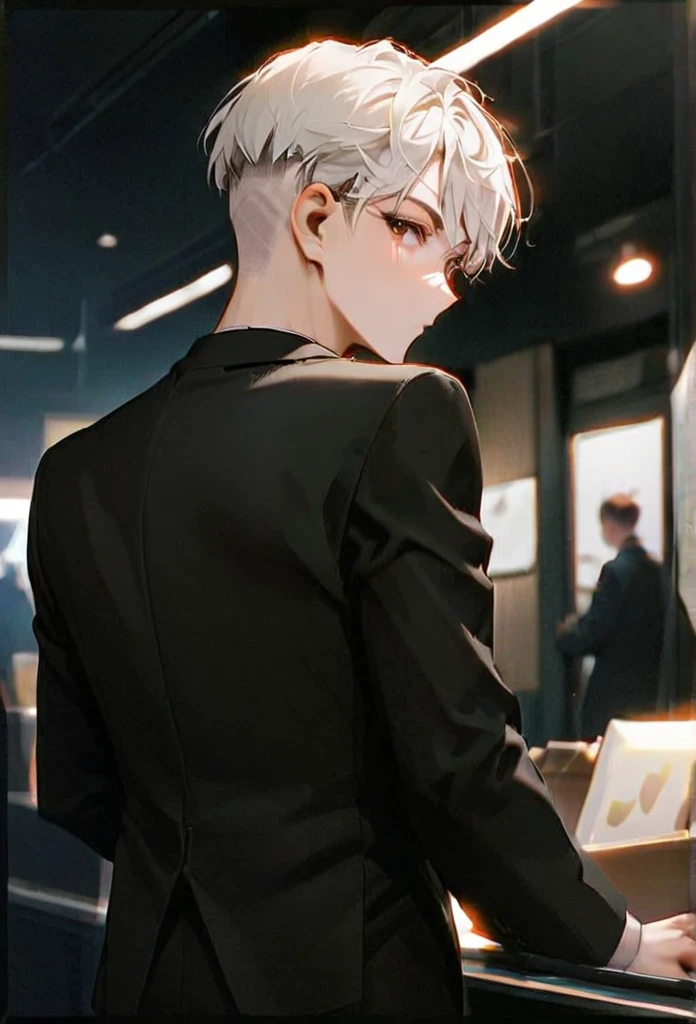 Half body portrait of a young man  ,white hair,short Undercut, brown eyes, wears an all black suit. Stand and look back. Look back. Half-body image. Look back. ยืนท่ามกลางความวุ่นวาย
