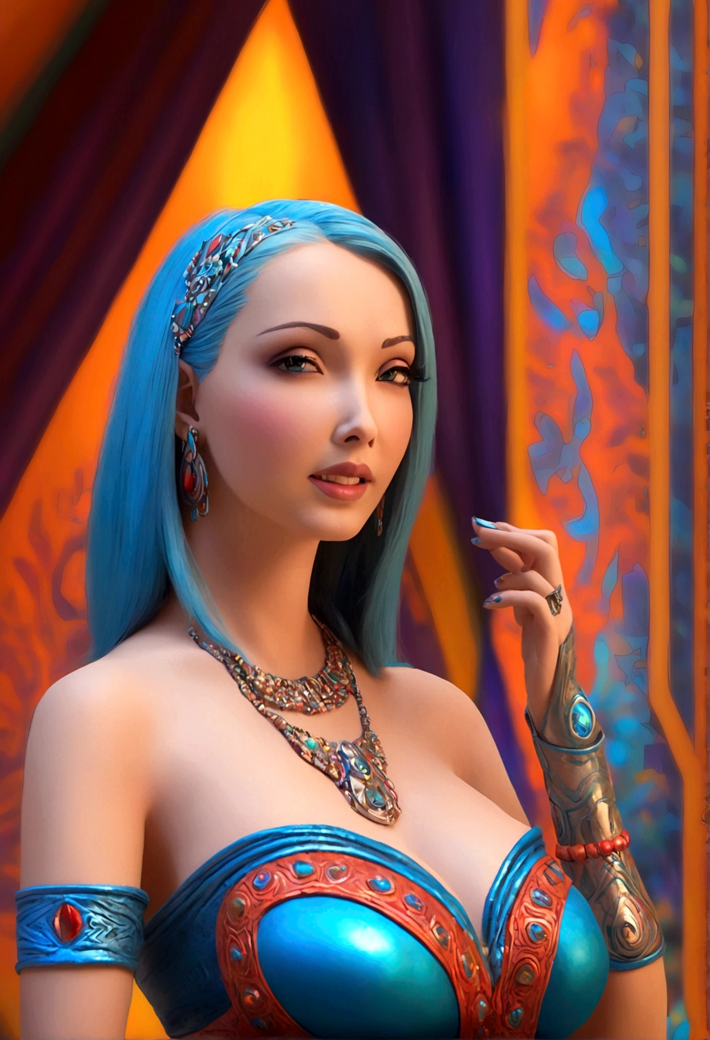 a beautiful woman alien villager, long bright color hair, sexy tribal outfit, intrigued by Flash Gordon, flirting, detailed face, detailed eyes, detailed lips, 1girl, concept art, intricate details, cinematic lighting, dramatic colors, vibrant, colorful, fantasy, science fiction, hyperrealistic, photorealistic, 8k, best quality, masterpiece (show her from head to toe, full body shown)