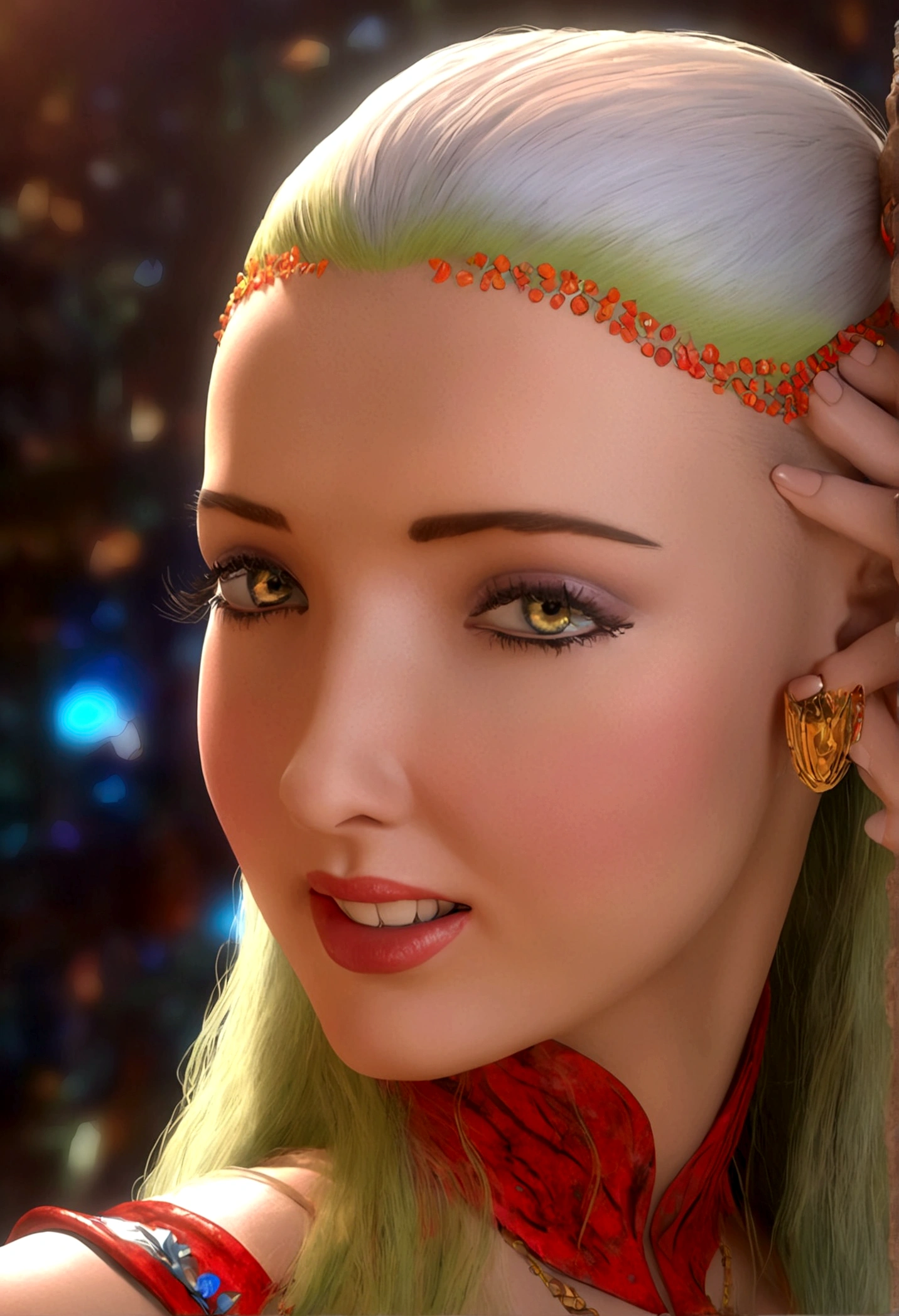 a beautiful woman alien villager, long bright color hair, sexy tribal outfit, intrigued by Flash Gordon, flirting, detailed face, detailed eyes, detailed lips, 1girl, concept art, intricate details, cinematic lighting, dramatic colors, vibrant, colorful, fantasy, science fiction, hyperrealistic, photorealistic, 8k, best quality, masterpiece (show her from head to toe, full body shown)