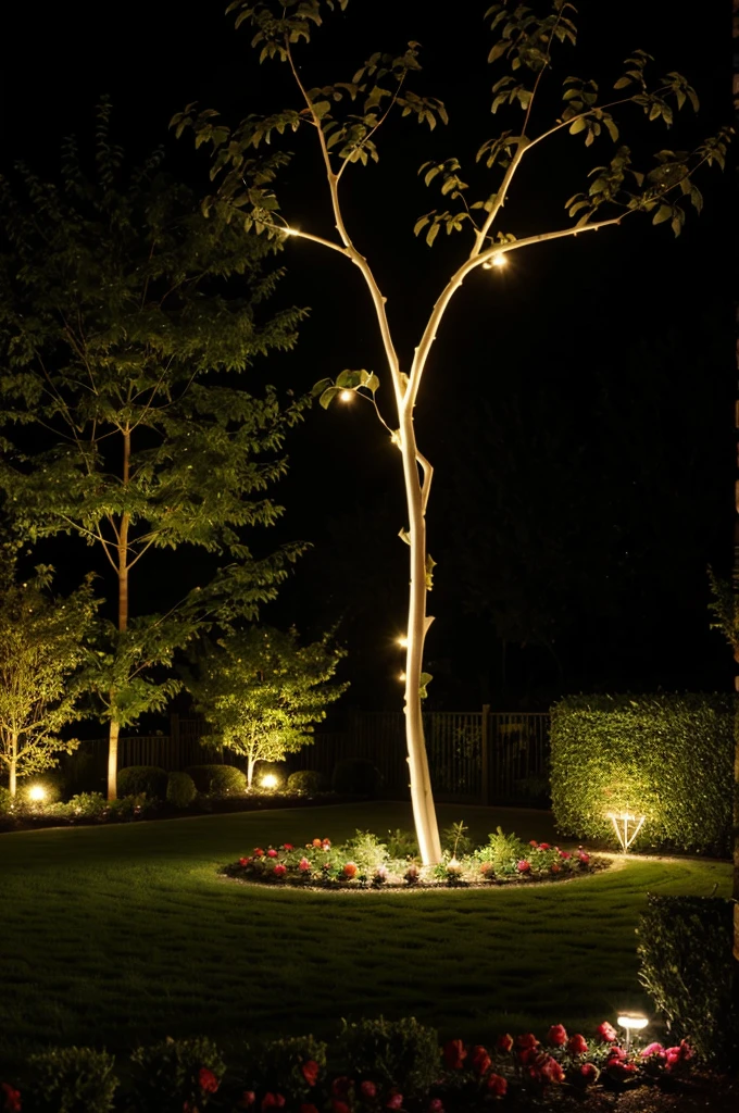 A sculpture in the shape of a rose branch with lighting go garden