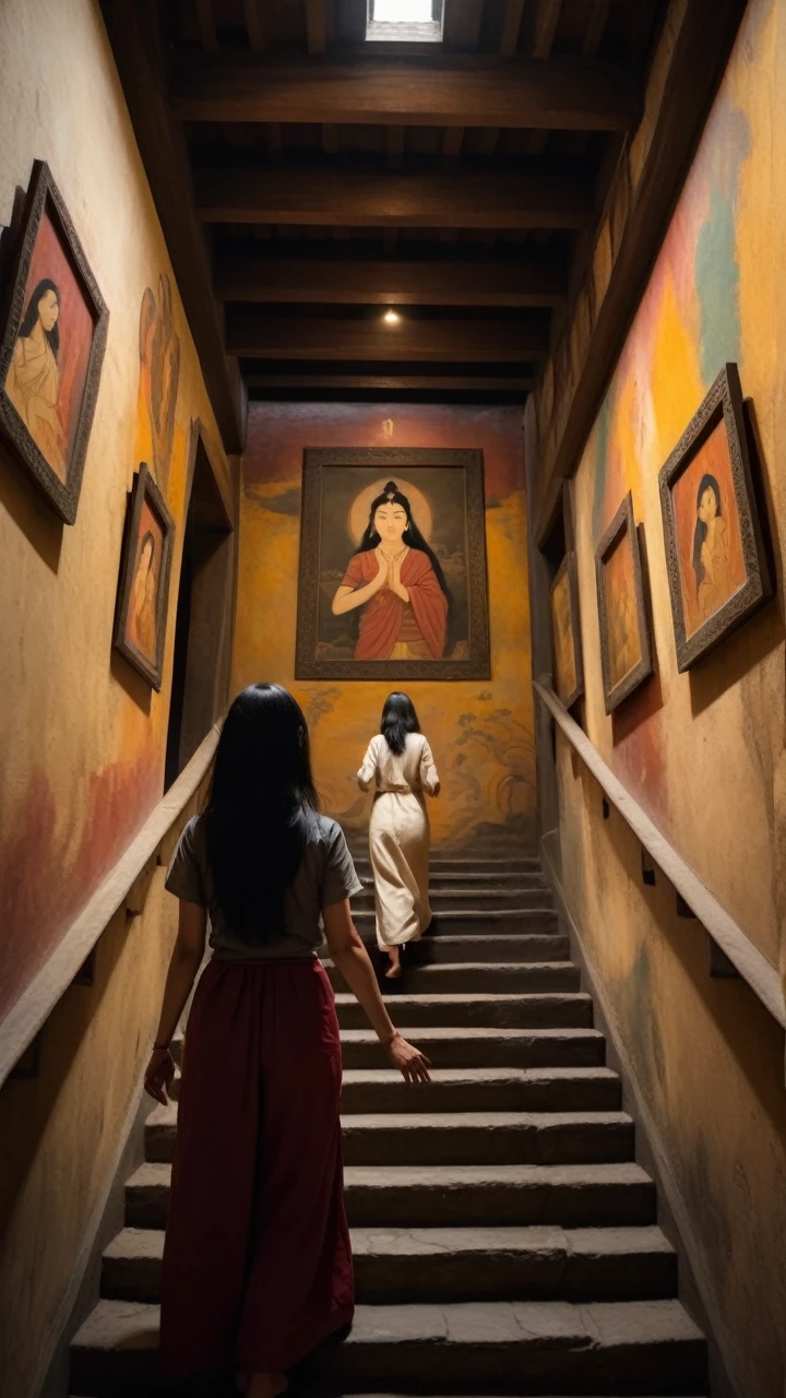 A person is led by a woman with long black hair down a dark staircase in a temple. The woman's hand is warm and reassuring. The walls of the staircase are decorated with faded paintings that become increasingly indistinct as they descend deeper into the temple.