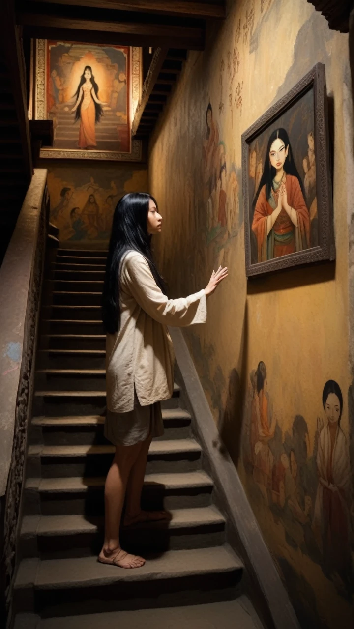 A person is led by a woman with long black hair down a dark staircase in a temple. The woman's hand is warm and reassuring. The walls of the staircase are decorated with faded paintings that become increasingly indistinct as they descend deeper into the temple.