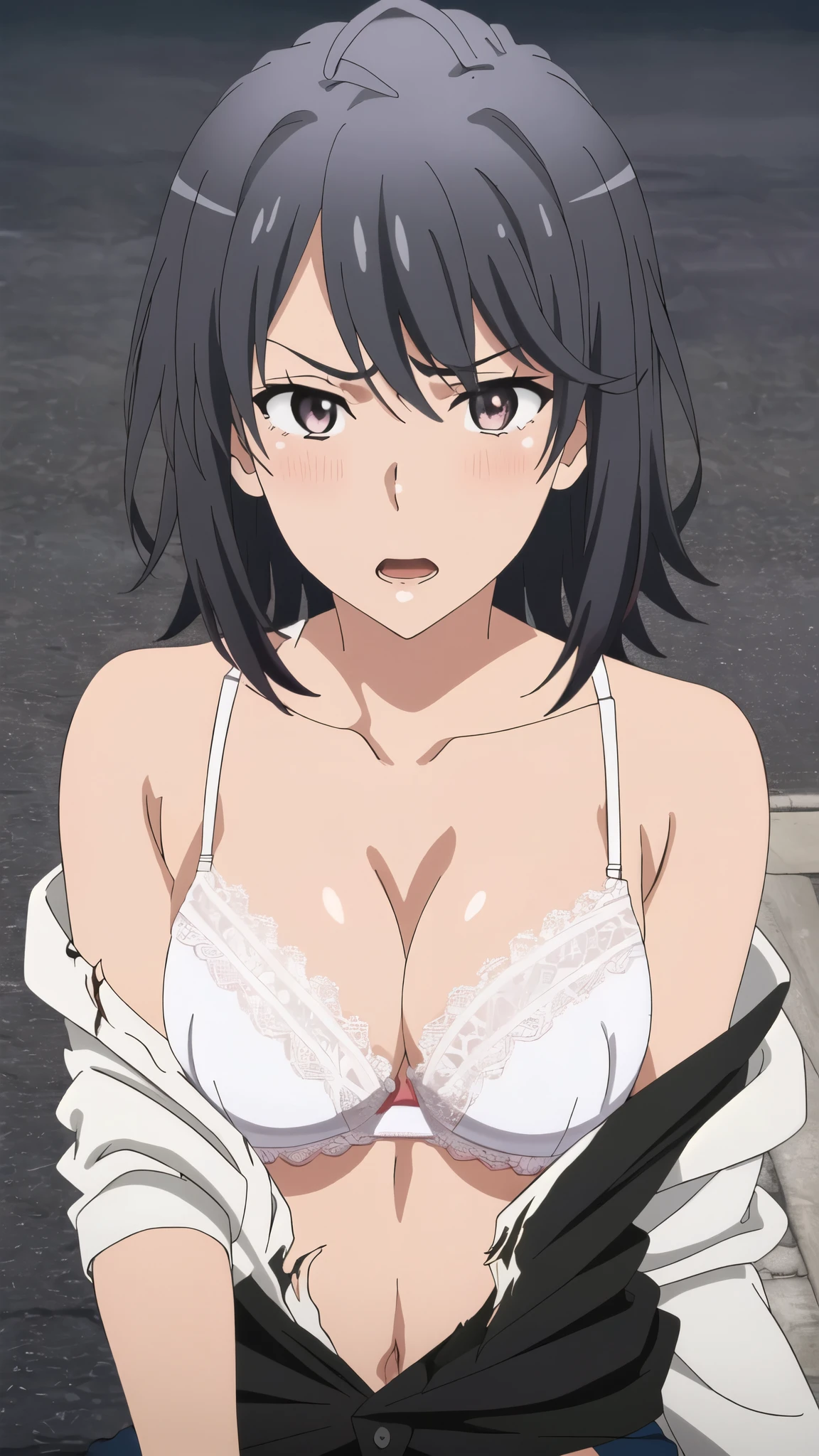 {Yukinoshita_Haruno_yahariorenoseishunlovecomewamachigatteiru:1.15},black hair, pink_eyes, , 1 girl,,alone, hair between eyes,(torn clothes, white bra,White  :1.5),, bare shoulders,, cleavage,thighhighs,short hair, ((orgasm:1.5)) , beautiful light, half eye closed, close up face,　　　　　　　　　　　　　　　　　　　　　　　　　　　　　　　　　　　　　　　　　　　　　　　　　　　　　　　　　　beautiful upper body, Beautiful body, beautiful character design, perfect eyes, Perfect face, expressive eyes, looking at the viewer,(lie on road),in the center of the image, official art,High Definition CG Unity, Perfect lit, bright_front_face_lit, ,(Highest_quality:1.0),4K,Super detailed, photograph, 8K, nffsw, High resolution, absurdes:1.2, kodak portrait 400, film grain, Lens flare, (lively_Farbe:1.2) (beautiful,medium breasts:1.4), (beautiful_face:1.3),(narrow_waist),blush, ((detail nipple)),, 