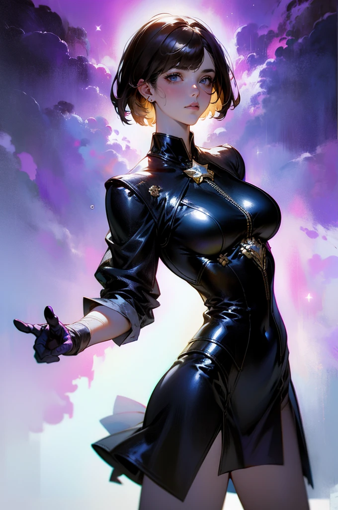 1girl, character centred, starry background, strong shadows, lens glow, black leather jacket, glamour, mature, facial scars, cloudy, brunette, short hair, bandaged arms, no bangs, black leather dress, purple light effect, lens depth of field, stylish pose, blurring, cinematic lighting, volumetric lighting, monocular eyepatch, strong shadows, rain