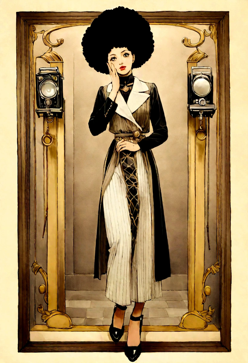 Imagine an elegant Afro-educated woman standing confidently in front of a neon sign that reads "Gold jar." The image captures the style of the early 2020s and features a photo of the woman's full body, who is approximately 25 years old, placing her hands on her face, her face has a surprise expression, looking at the viewer. The celestial background is filled with soft, couleurs pastel. She is dressed casually, exuding an air of an African dominatrix mistress. This is an outfit photo that serves as her profile picture. Execute this vision in retro-inspired photographic style, Using a vintage film camera with a 50mm prime lens, Capturing the essence of the era. --ar 16:9 --V 5