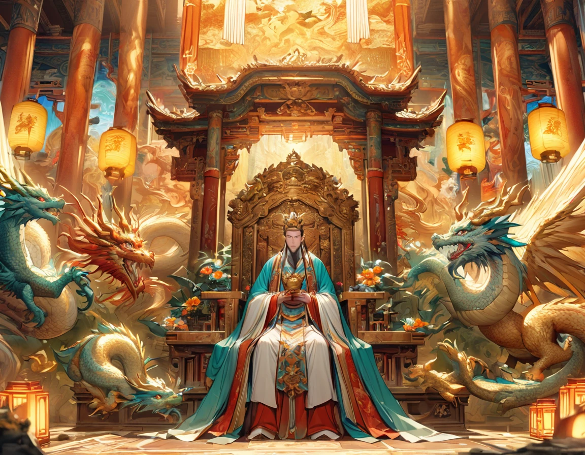 Jade Emperor seated on a magnificent golden throne in the heavenly realm. he looks down with kind, knowing eyesto a young farmer who is in simple clothing stands respectfully before him . Surround them with floating lanterns, mythical creatures like dragons and phoenixes, and vibrant celestial flora under a soft, golden light, symbolizing the sacred nature of the encounter.