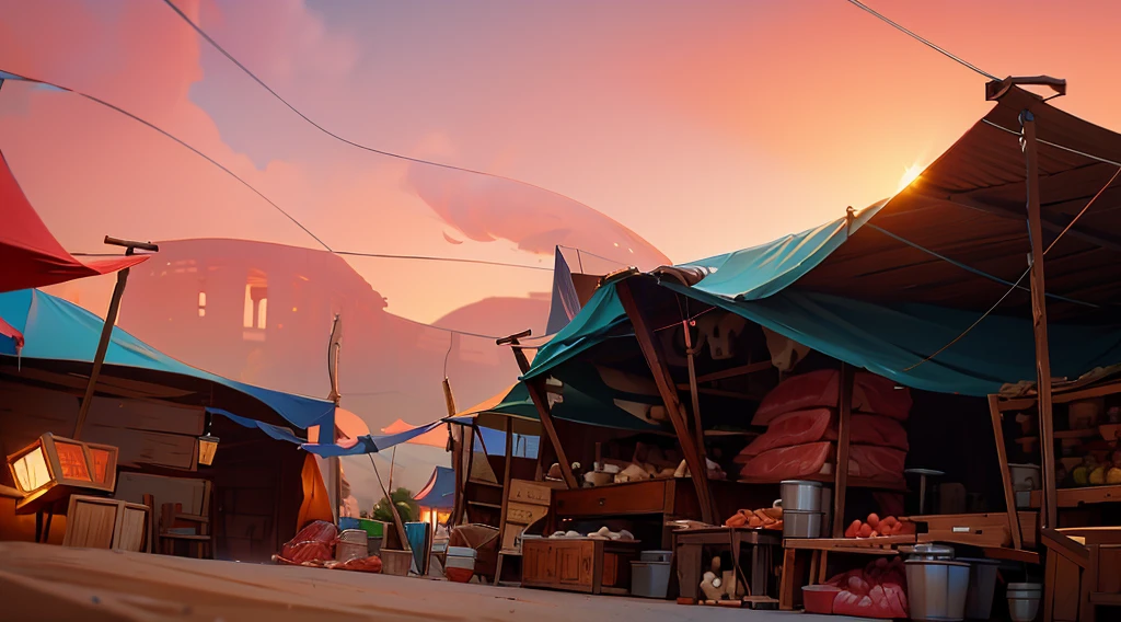 traditional market, (market tents), butchery, ((they sell human flesh, meats, bones, skulls on the wooden table)), wooden boxes, wooden basket, strings, sand ground, dawn sky, early morning, low angle, AnatomicTech,