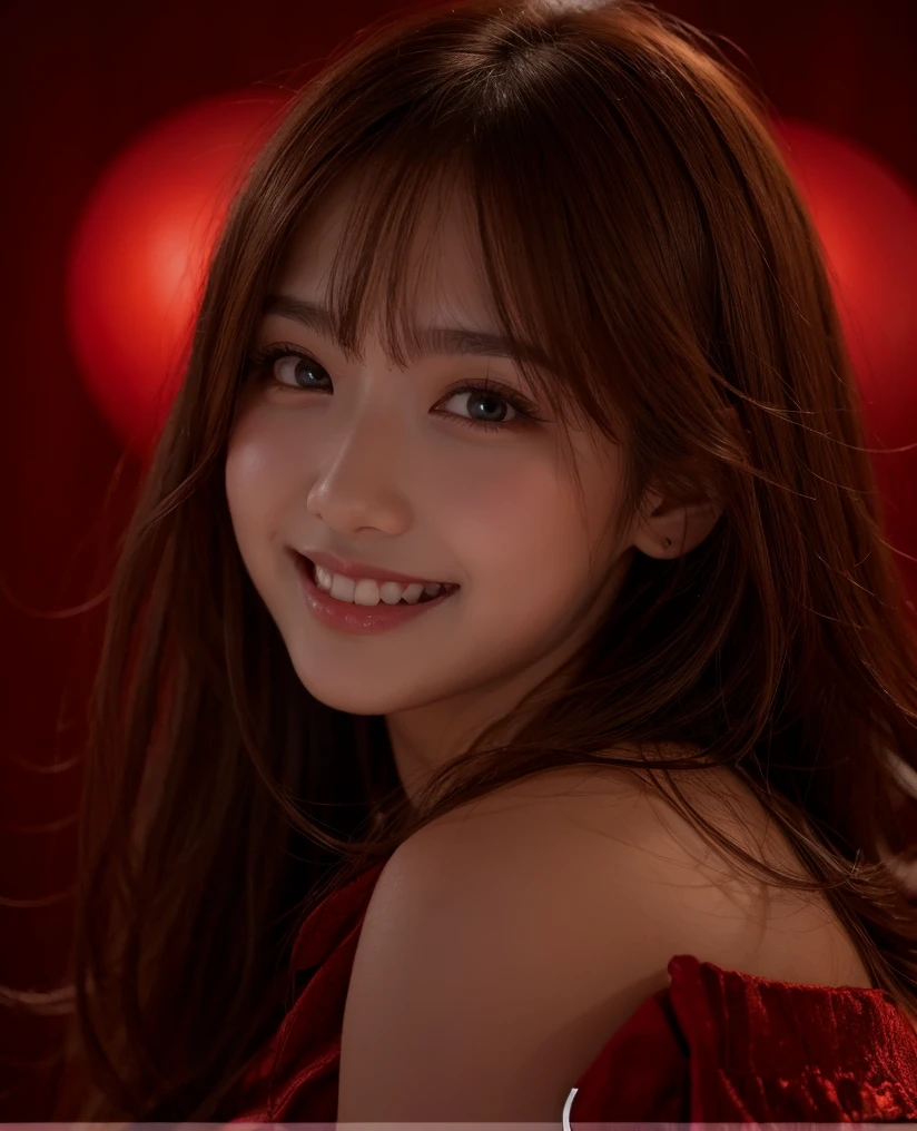 Wearing a red dress。The background is natural color