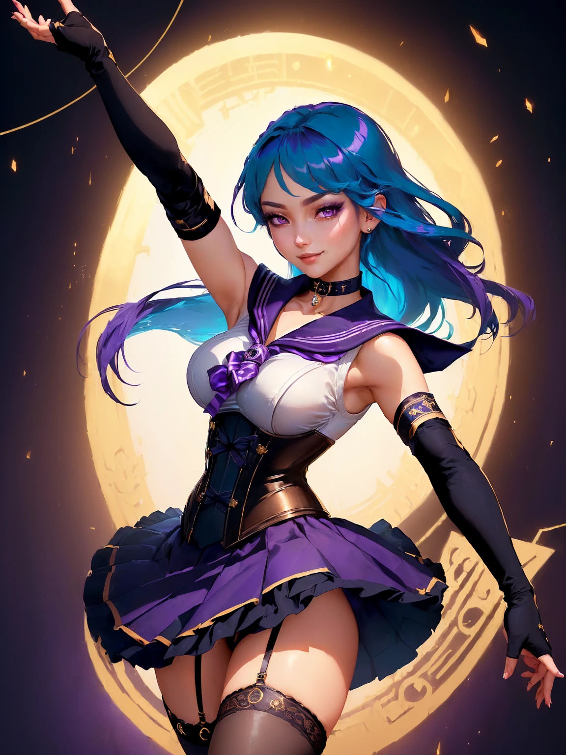 masterpiece, high quality, standing, 1_women, (upper body), (dancing), (((looking at viewer))), (bright blue hair), medium length hair, cute bangs, flowing hair, (exotic skin_complexion:1.4),mature, tall, diamond shaped eyes, (((purple eyes))), dark_eyeliner, long_eyelashes), (hands up), (purple fingerless_gloves), beautiful, exotic, elegant, slim, (((sailor collar))), black thigh highs, choker, , (brown steampunk corset), black Lolita style skirt, knee high heel with laces, (sleeveless), natural dynamic lighting, ((smirking)), steampunk, dark nightclub, laser lights, spot lights,